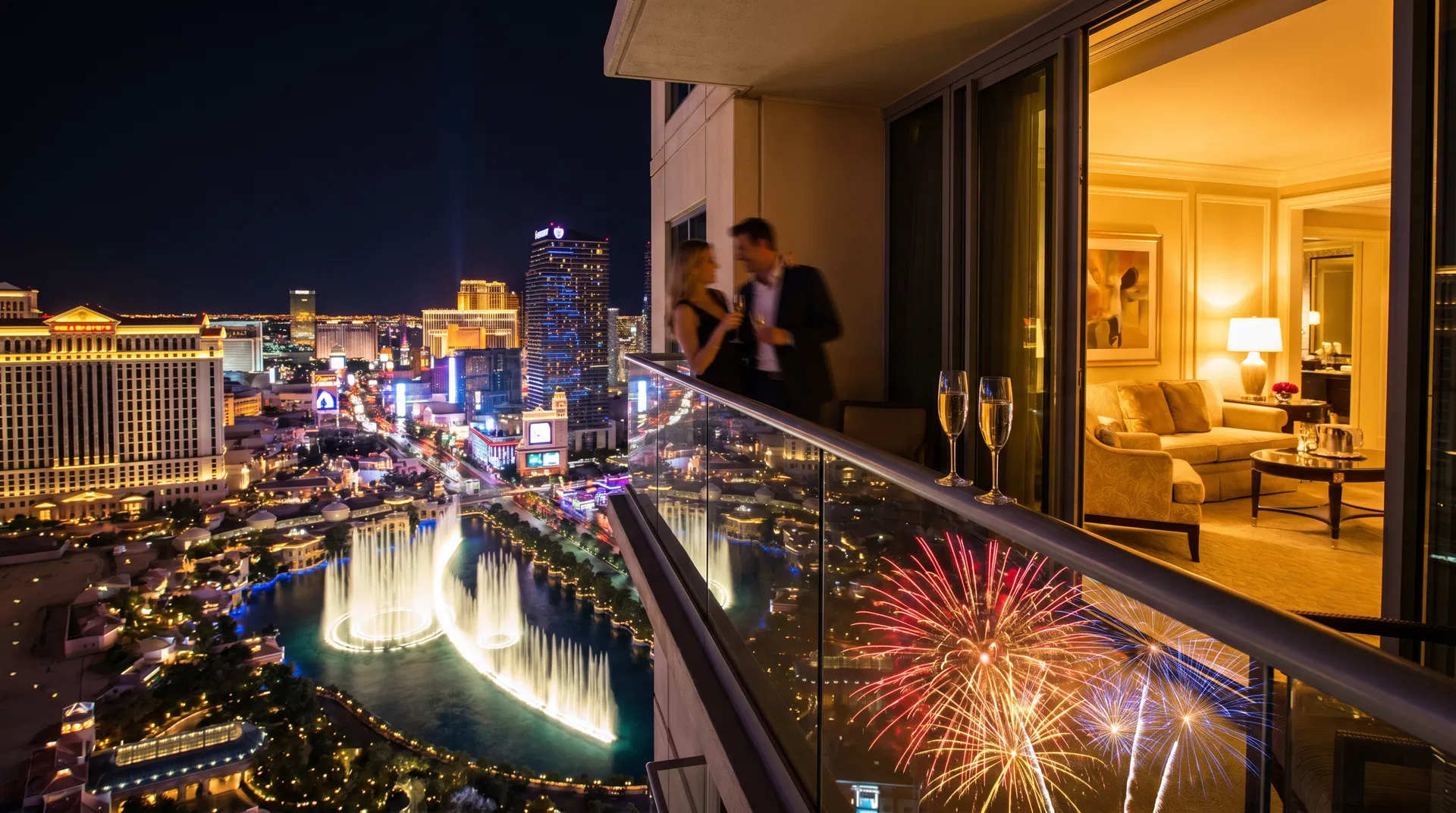 View from a luxury Las Vegas hotel balcony with fireworks over the Bellagio fountains