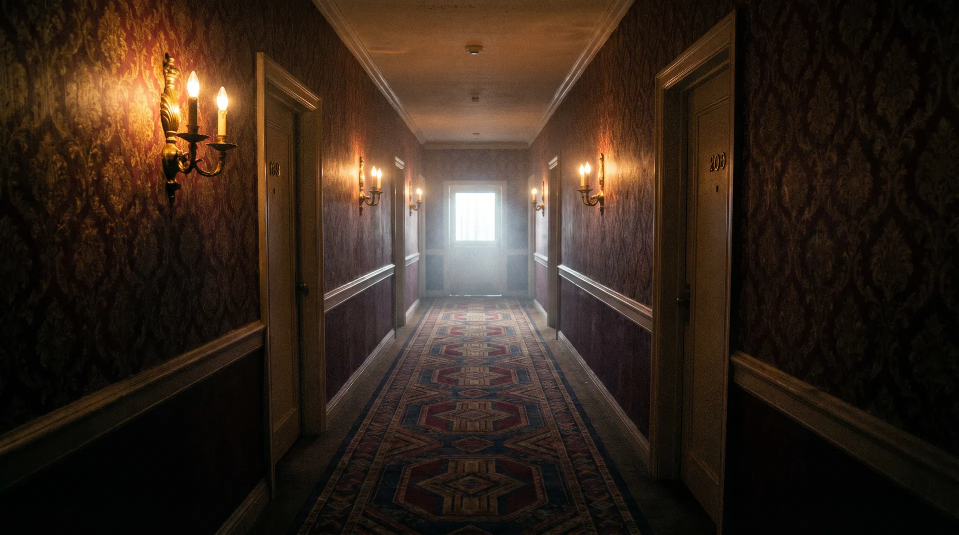 Vintage Las Vegas hotel corridor at night with ornate wallpaper and antique sconces