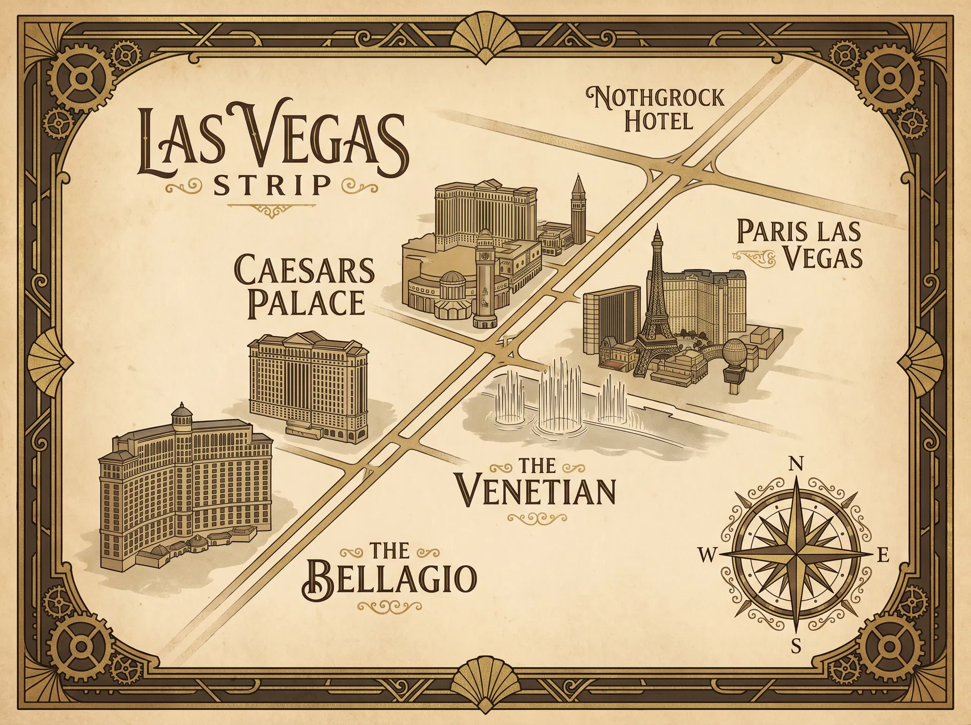 Illustrated vintage map of the Las Vegas Strip showing hotel zones