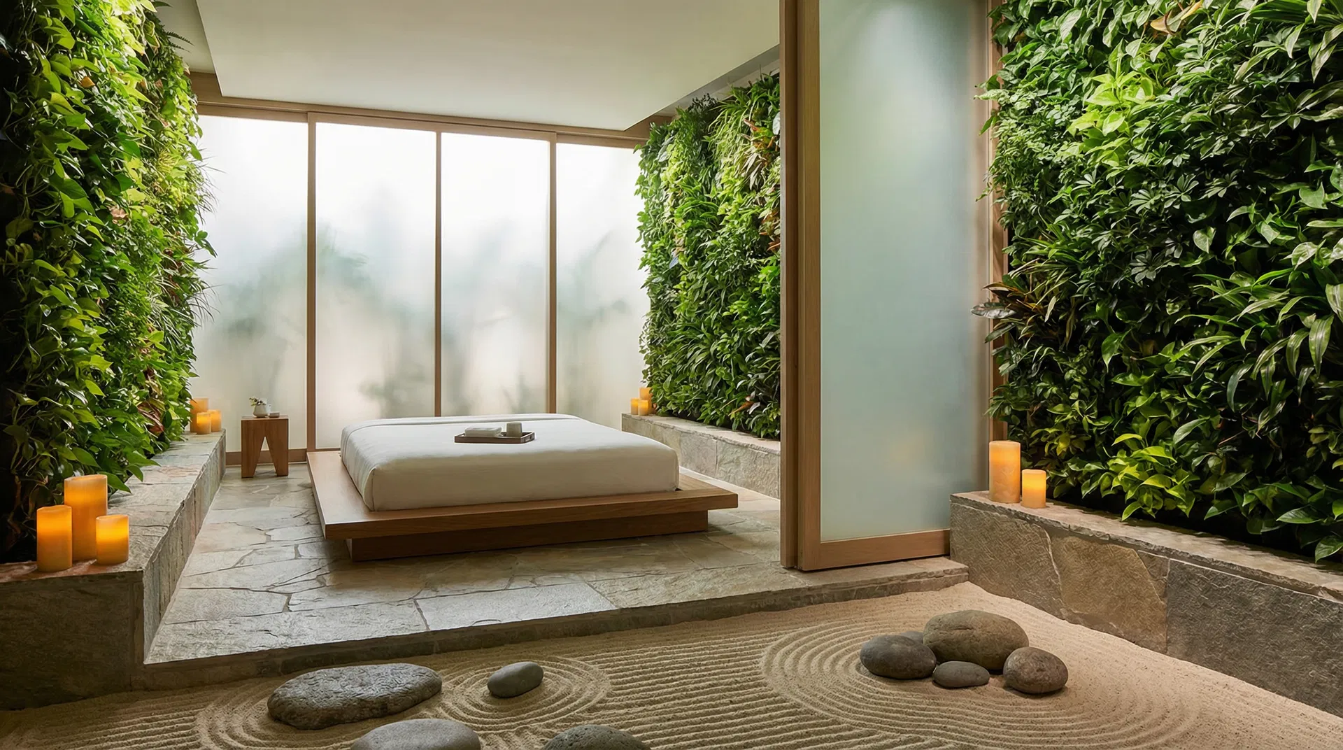 Luxury spa treatment room with living green walls and zen garden in a Las Vegas hotel
