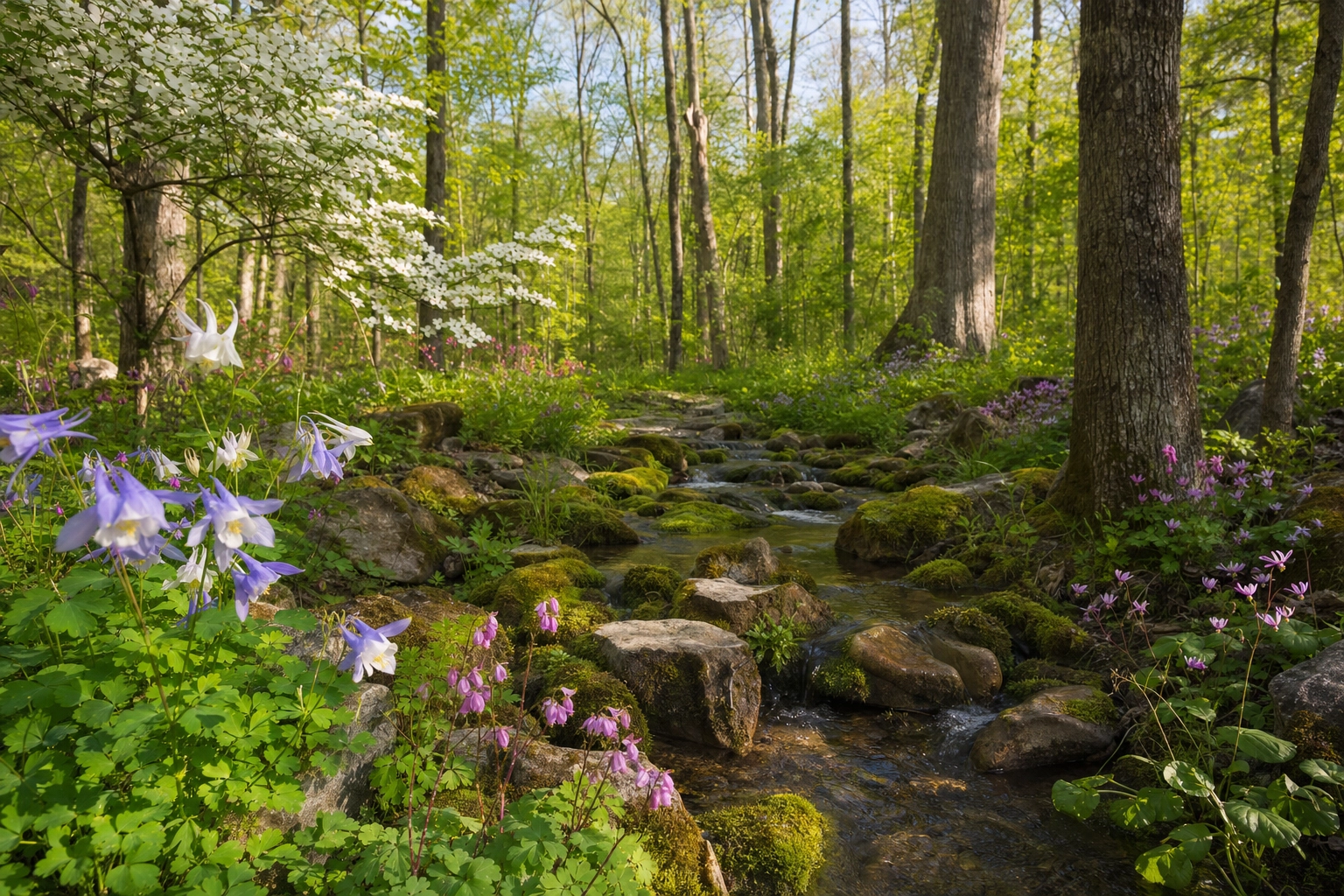 Lush green garden with diverse plants and walking paths in Indiana
