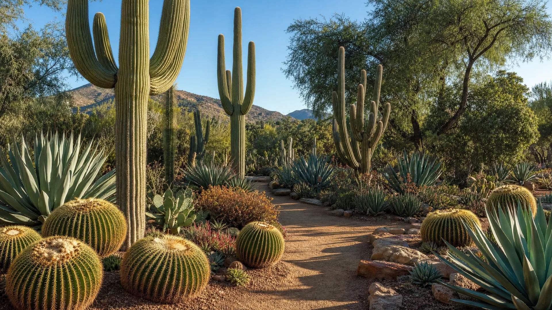 California desert botanical garden with cacti and succulents under a blue sky