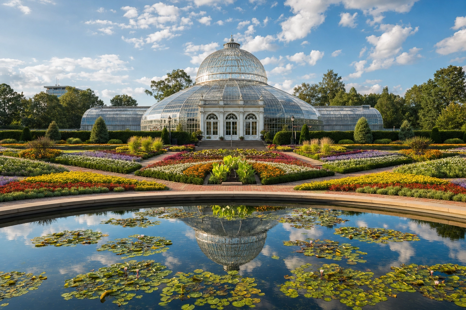 Lush southern garden with blooming flowers and mature trees in Virginia