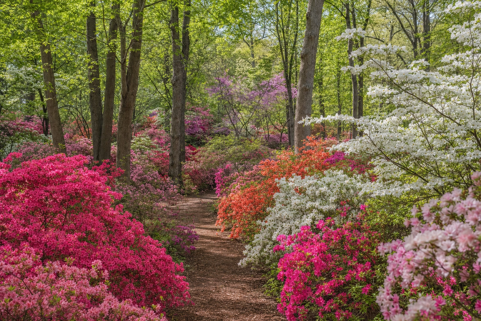 Lush green botanical garden in Maryland with diverse plant life and a winding path.