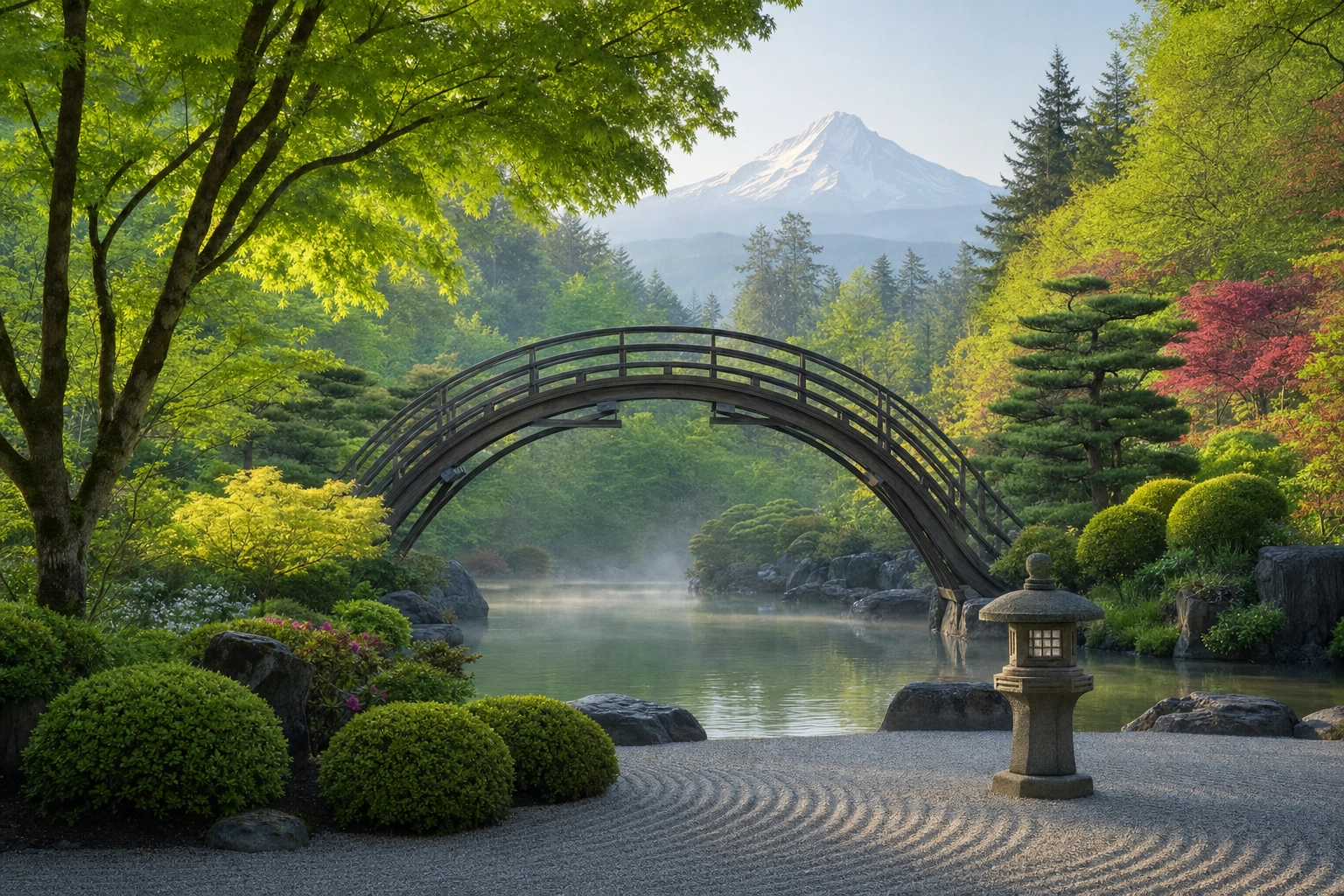 Lush green landscape of an Oregon botanical garden