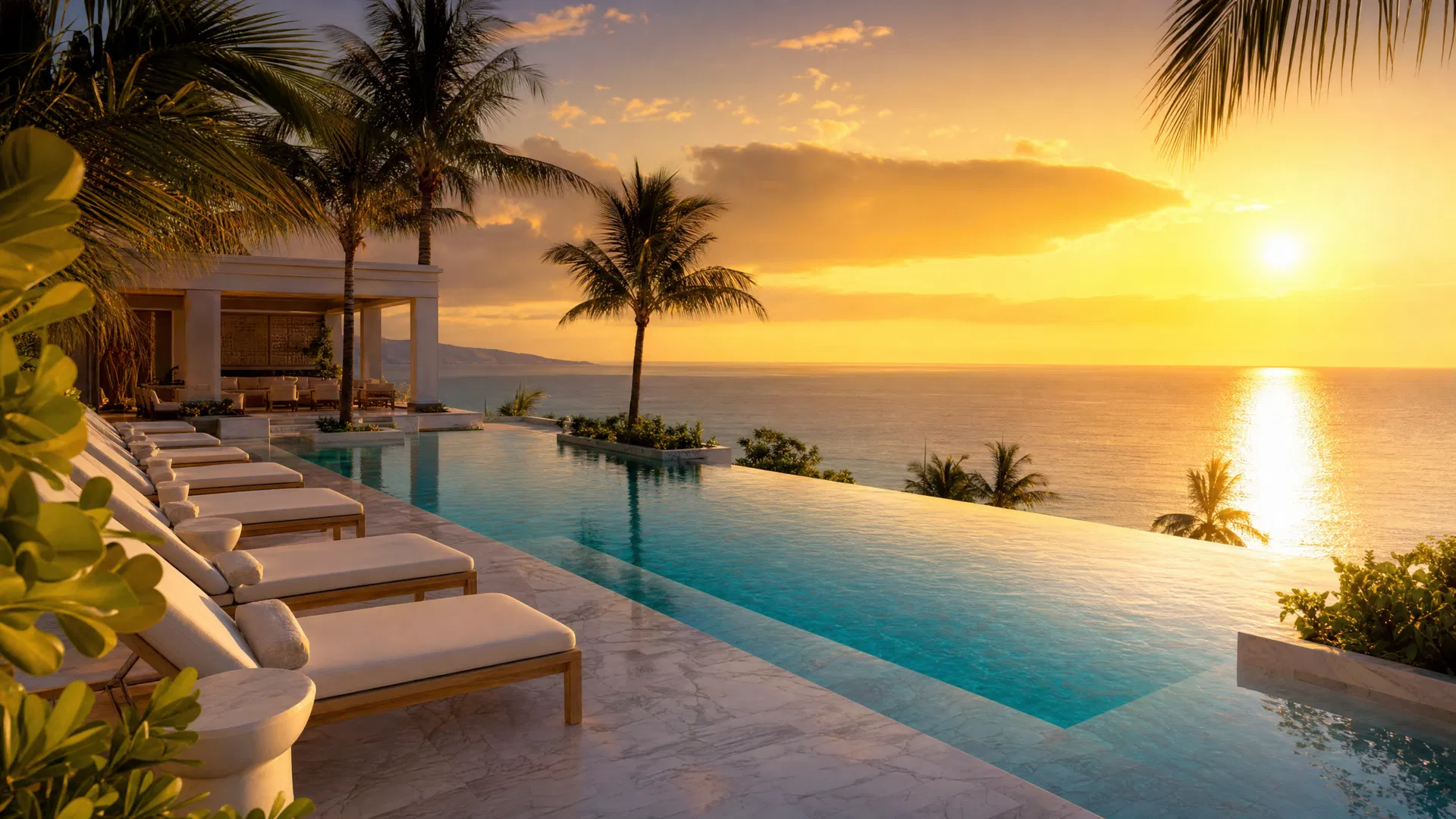 Luxury hotel infinity pool at sunset
