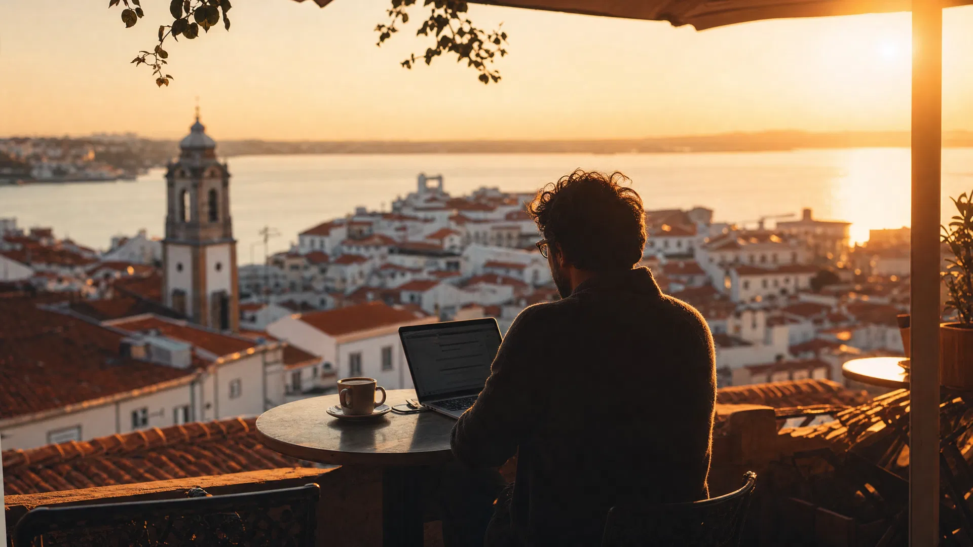 Digital nomad working at sunset overlooking a coastal city