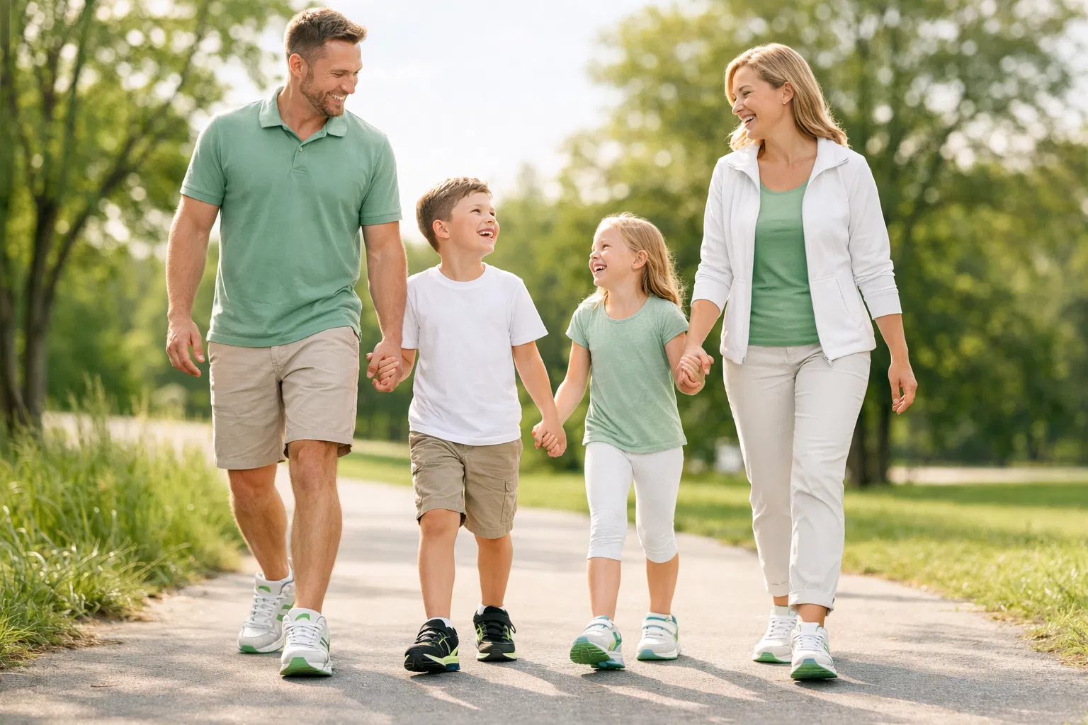 Familia feliz caminando