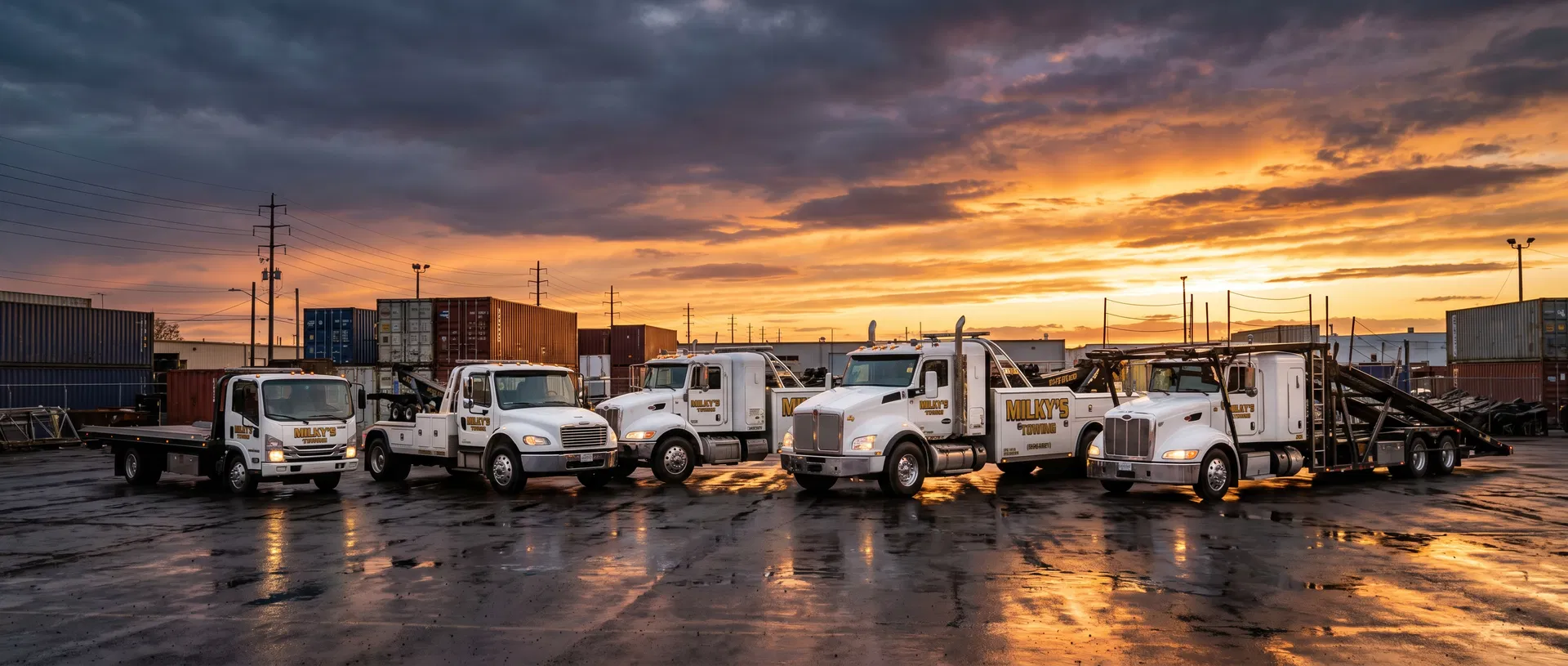Milky's Towing fleet of white tow trucks