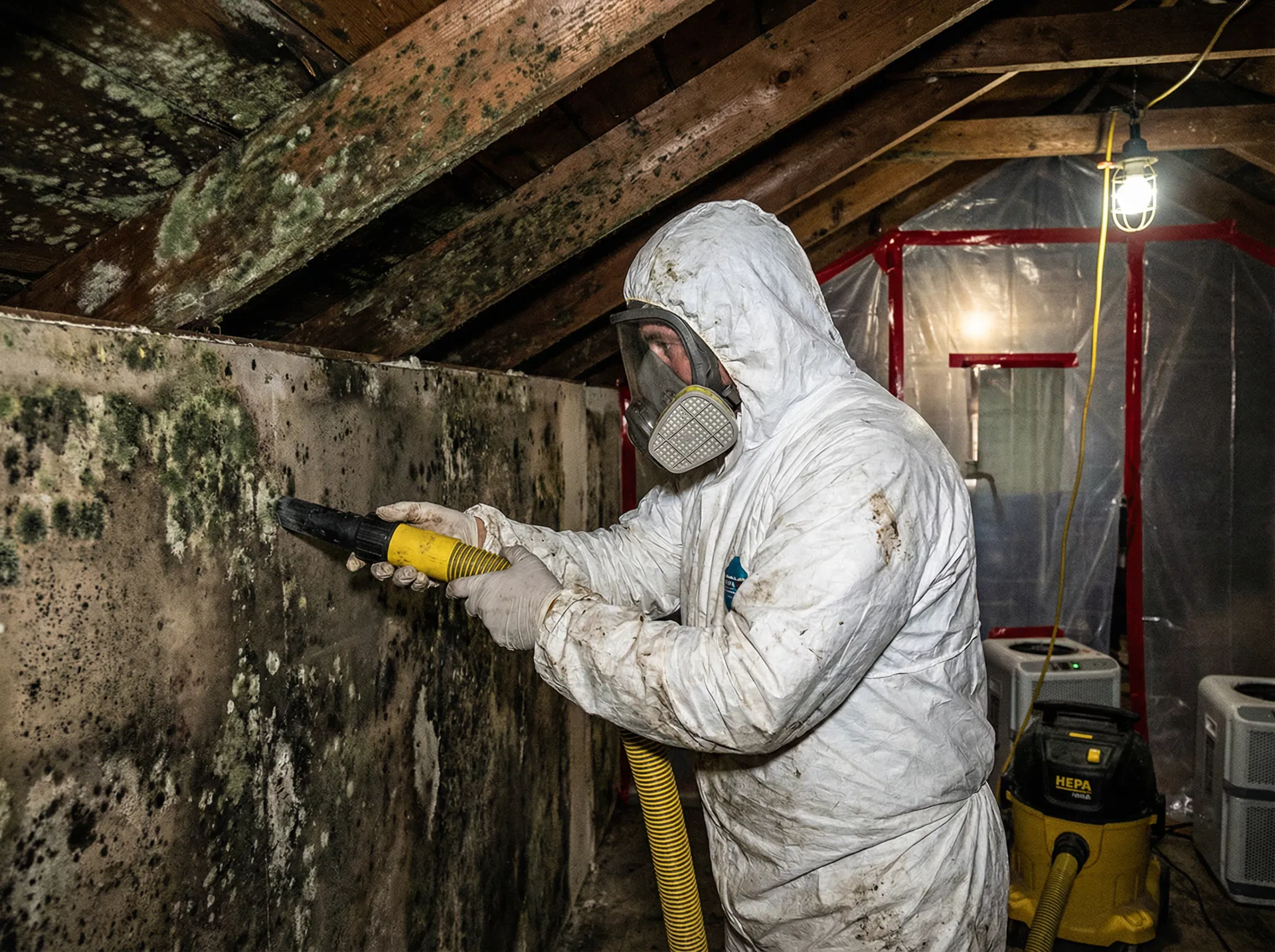 Professional mold remediation technician at work