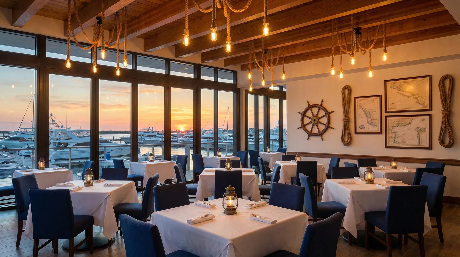 Harbor Grill interior — waterfront dining room at sunset