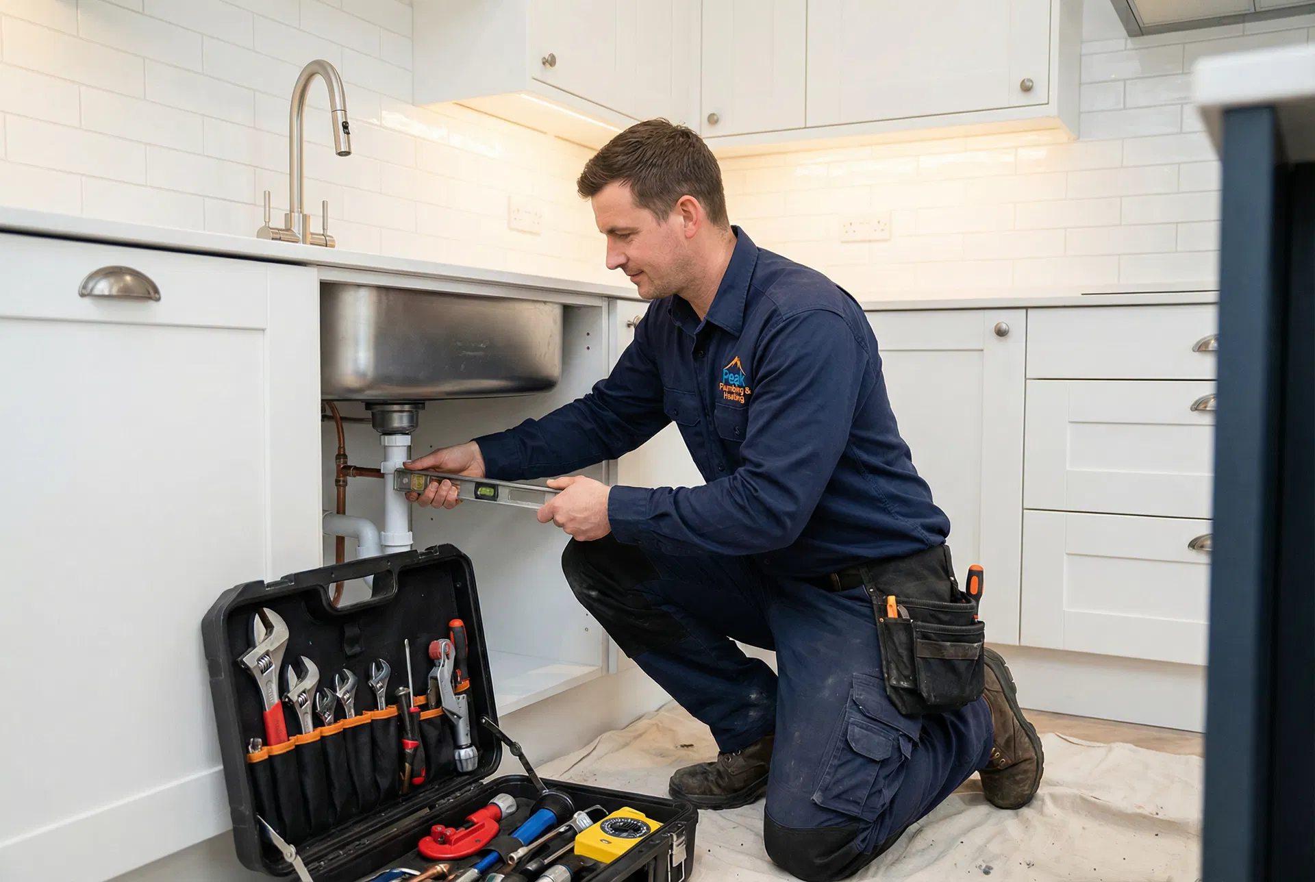 Peak Plumbing technician performing kitchen sink installation