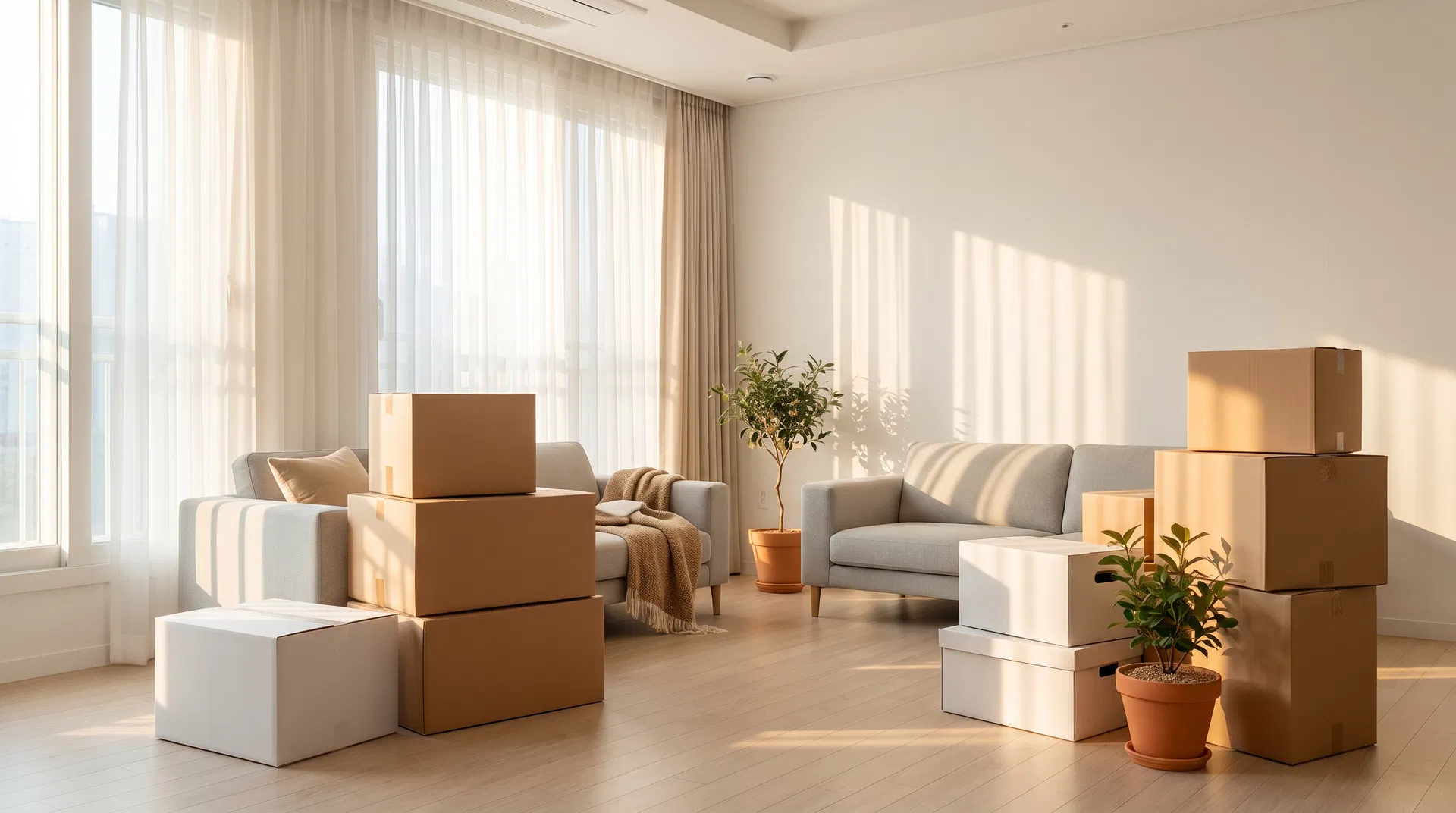 이사 준비 중인 밝은 거실
