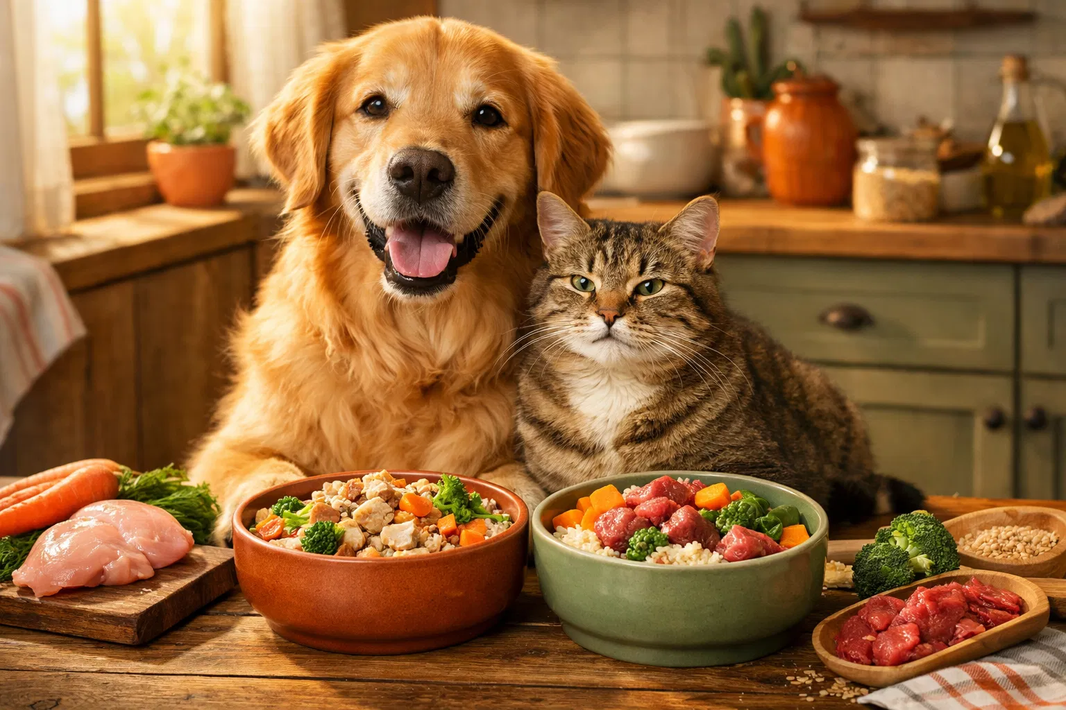 Perro y gato comiendo comida casera