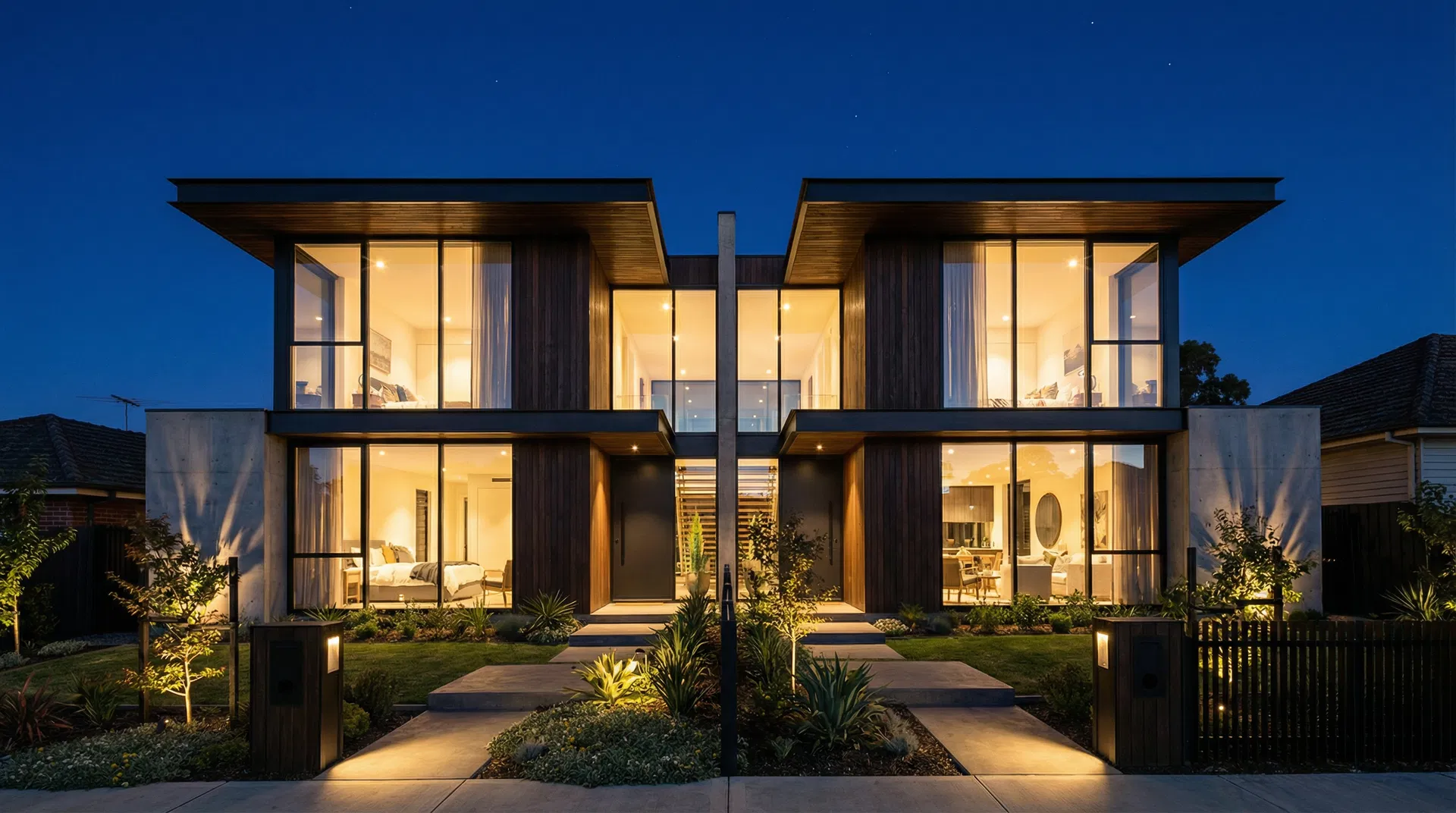 Modern duplex property at twilight