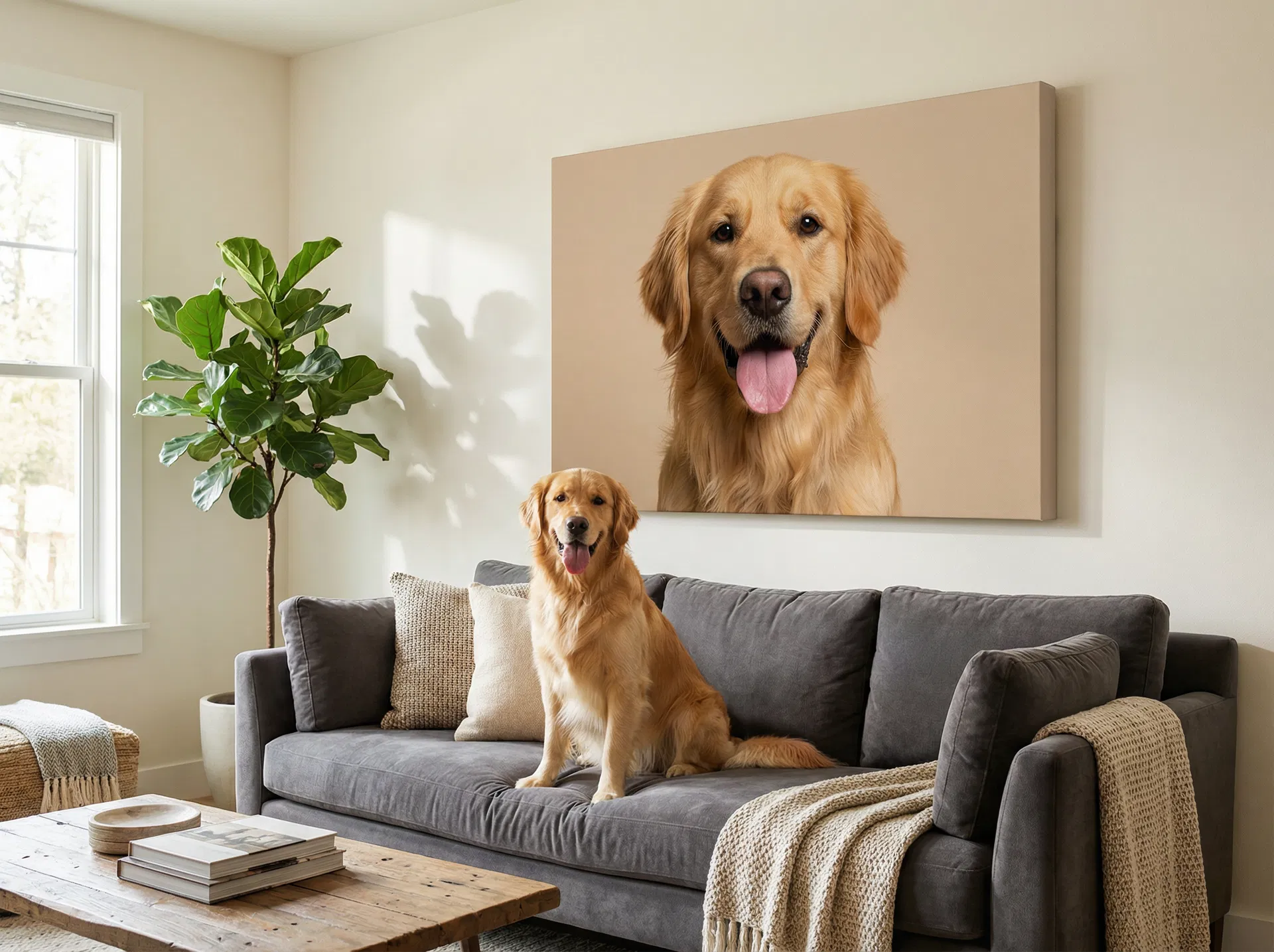 Golden retriever dog sitting on a sofa with a large canvas print of the same dog on the wall behind - Canvas Printing Co Ltd