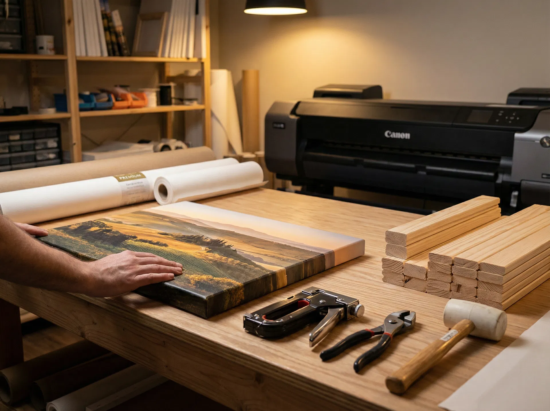 Professional canvas printing workshop with Canon printer, stretched landscape canvas, pinewood frames and crafting tools