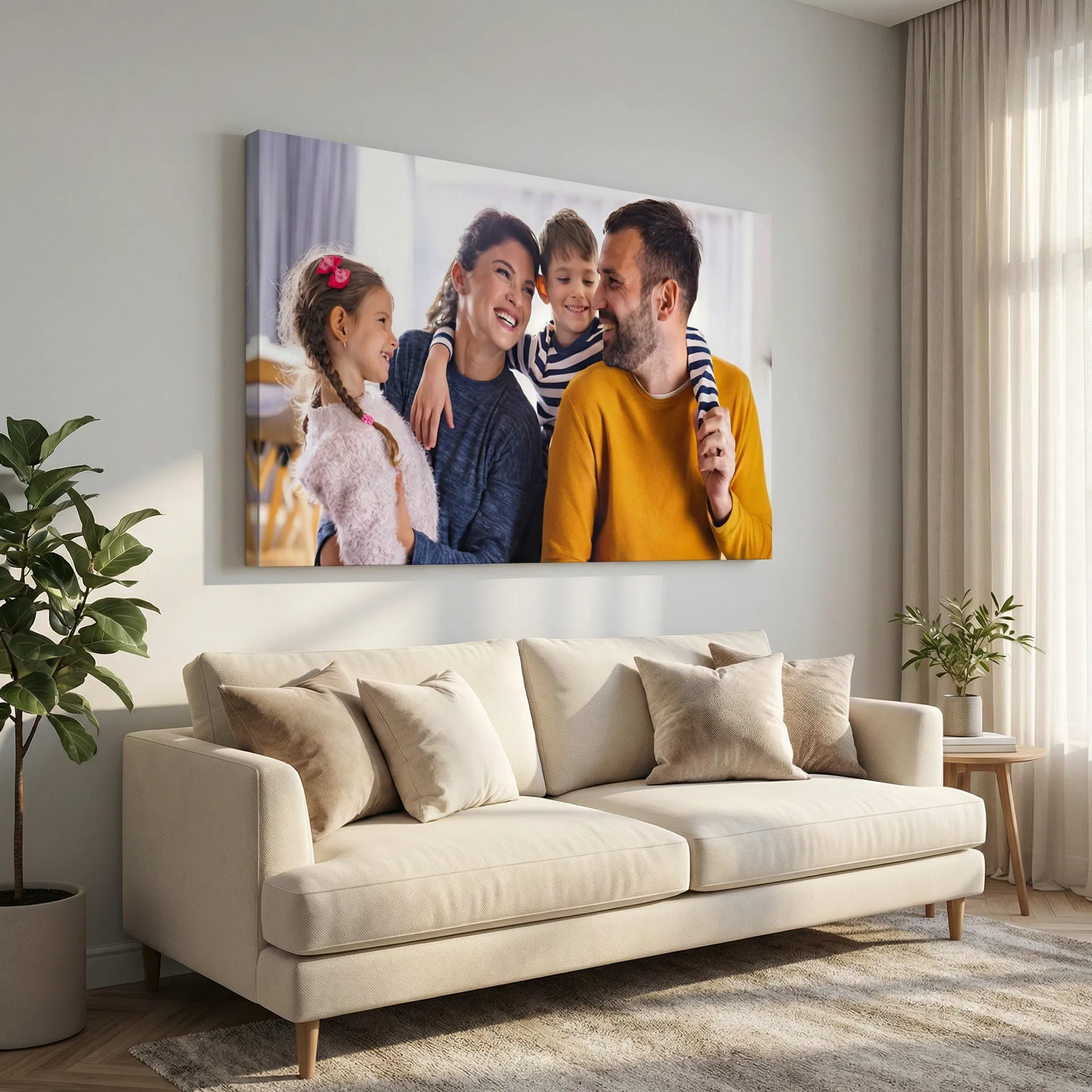 Family portrait canvas print displayed above a sofa in a living room - Canvas Printing Co Ltd