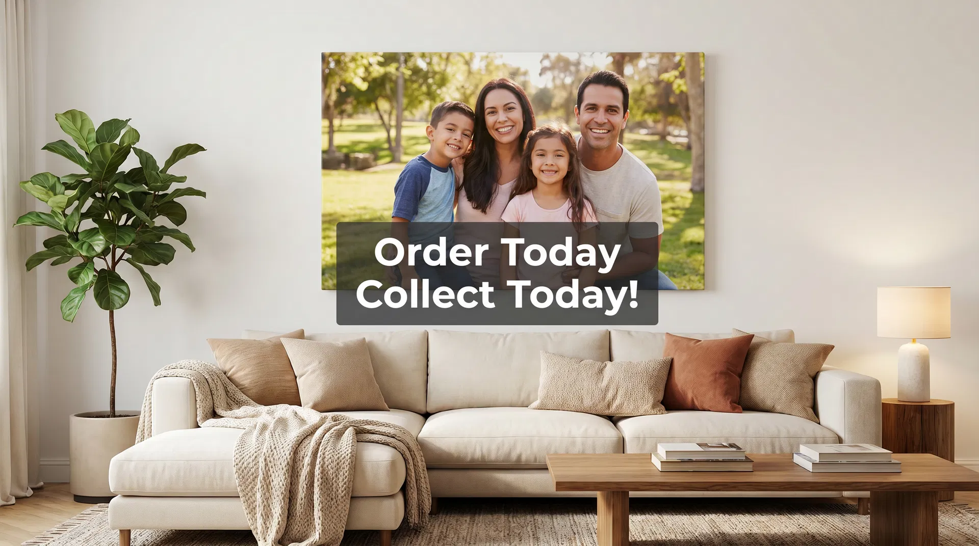 Family portrait canvas print displayed above a sofa in a living room - Canvas Printing Co Ltd