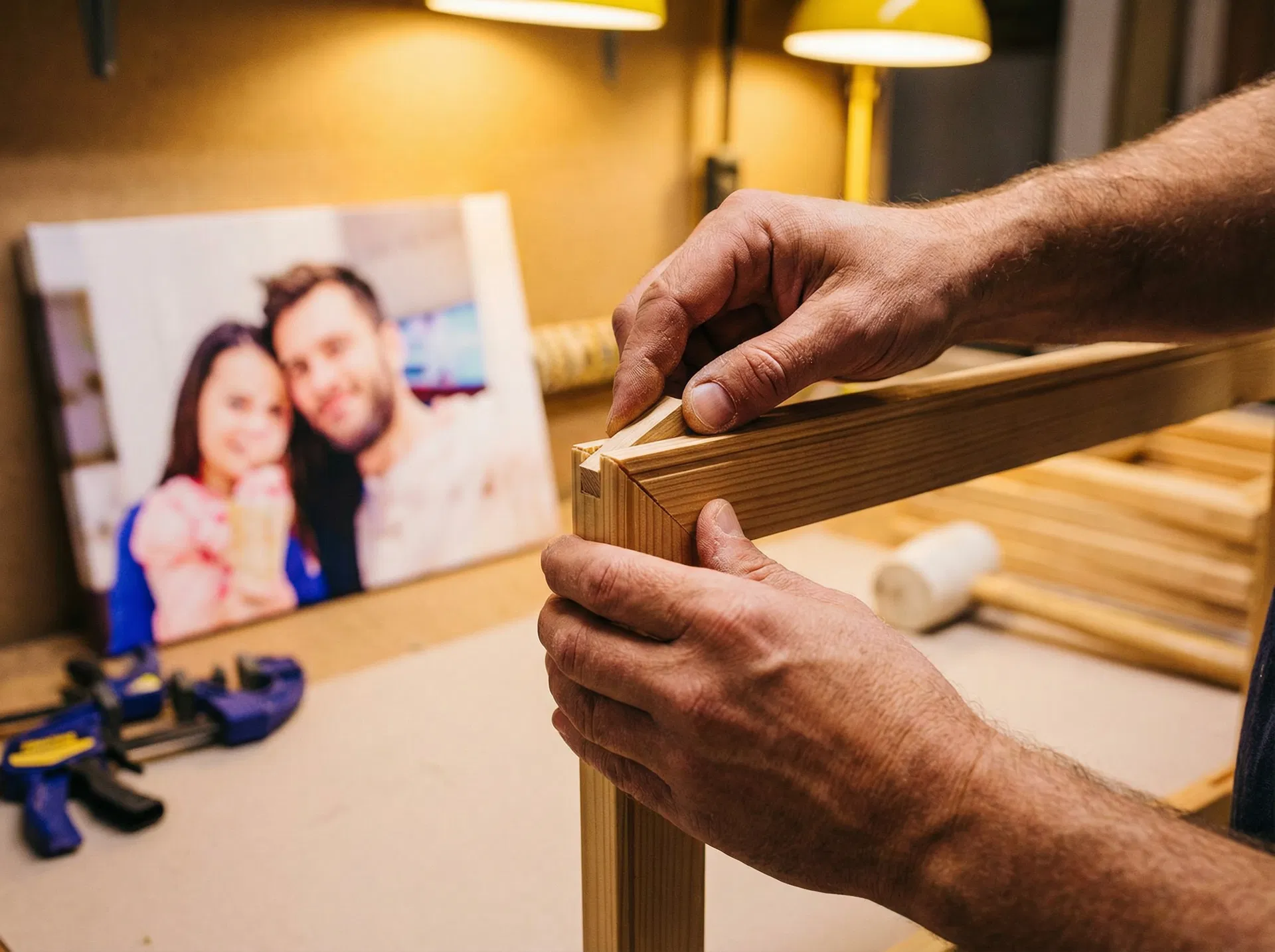 Craftsman carefully assembling a handmade wooden canvas stretcher frame in workshop