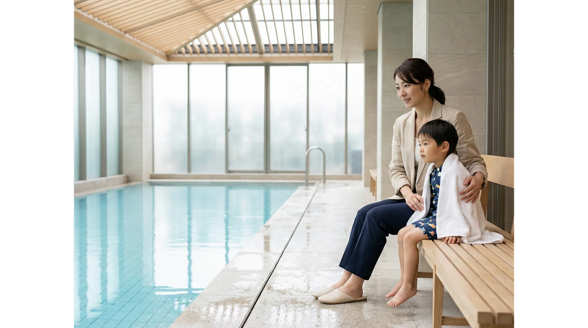 プールサイドのベンチに座ってプールを見つめる母子の写真風ビジュアル