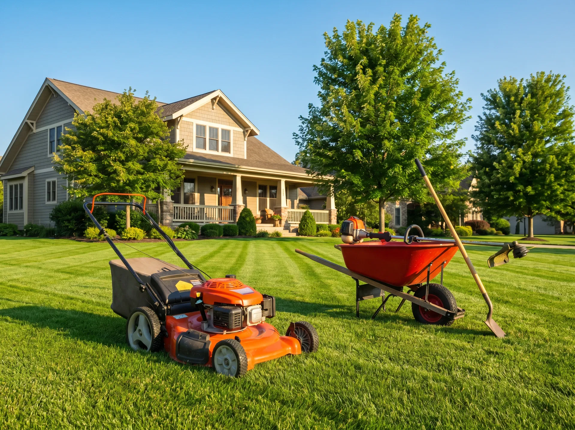 DNE Landscaping equipment on a freshly cut lawn