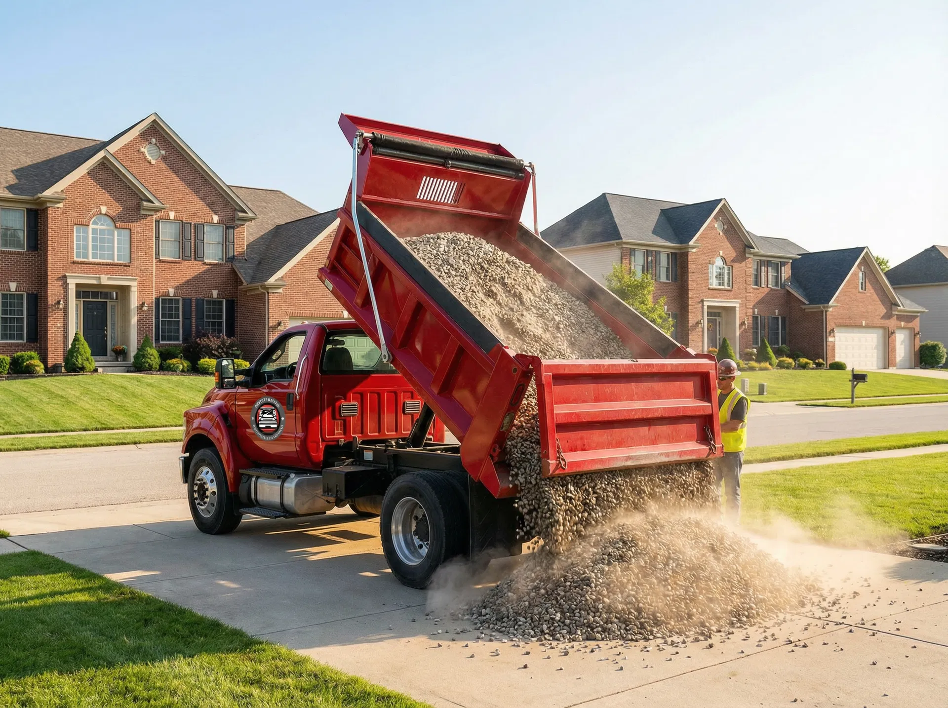 Red PMS dump truck delivering gravel to a residential driveway