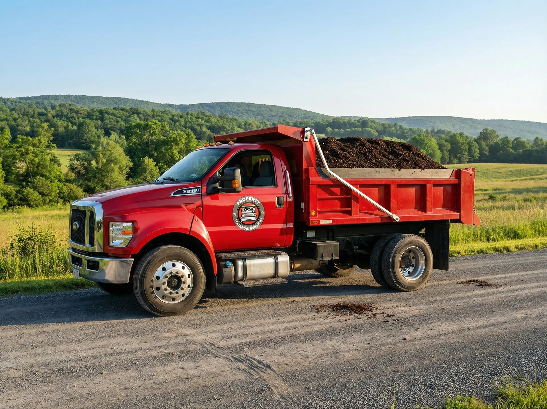 Red PMS truck loaded with mulch on a country road