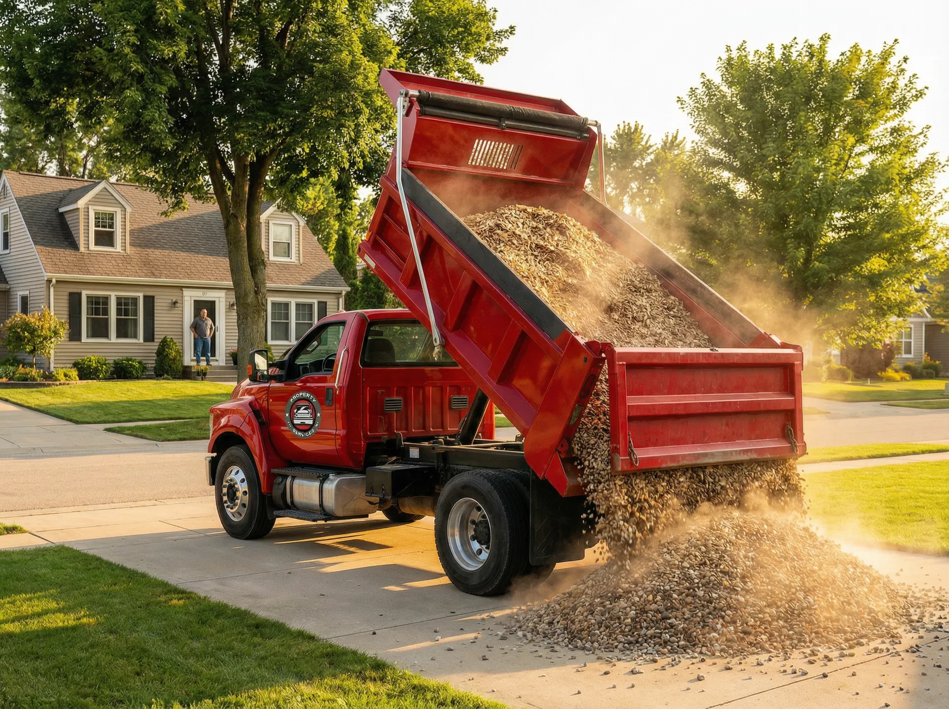 Red PMS dump truck delivering wood chips to a residential property
