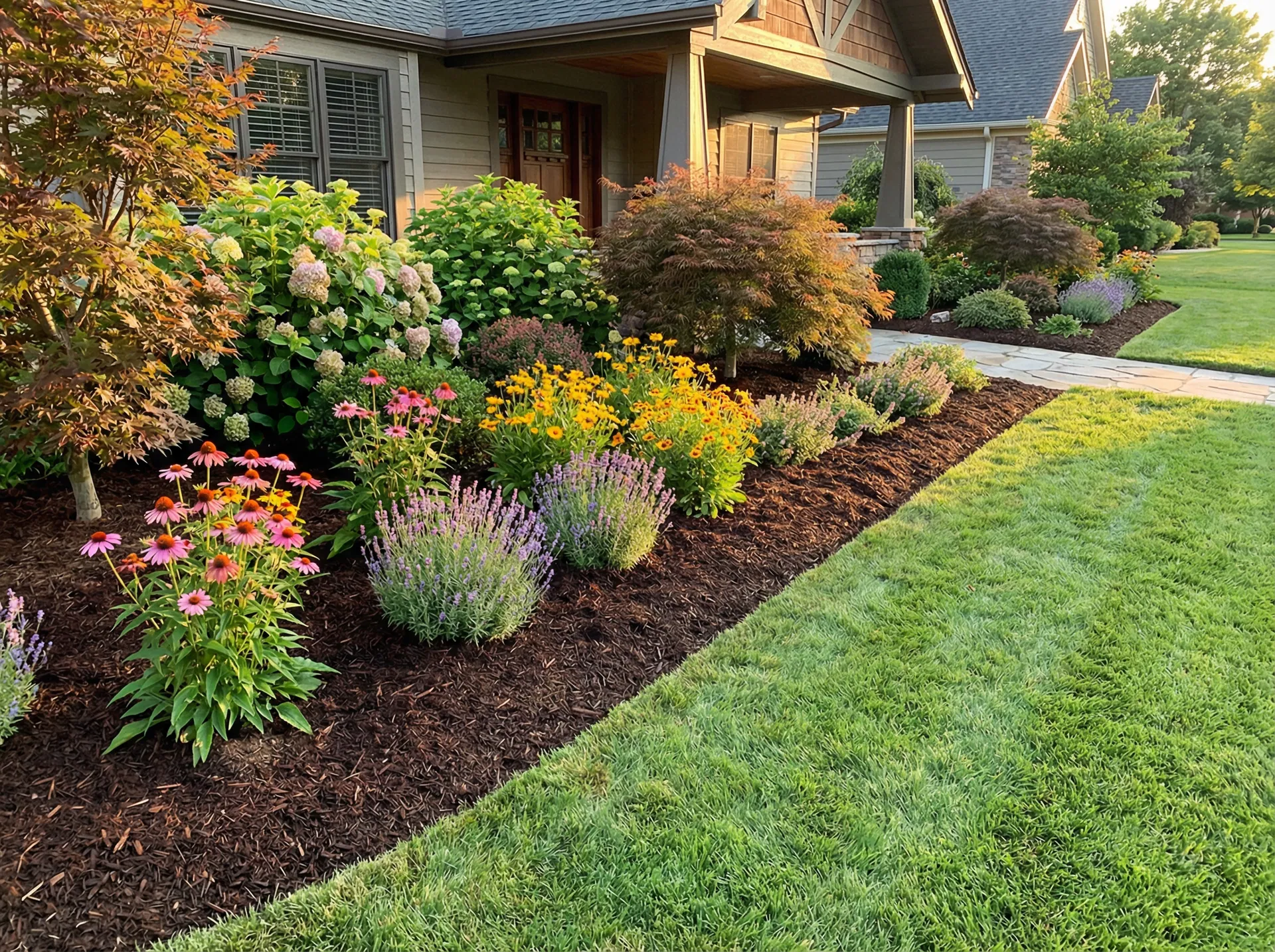 Hardwood mulch freshly applied to a garden bed