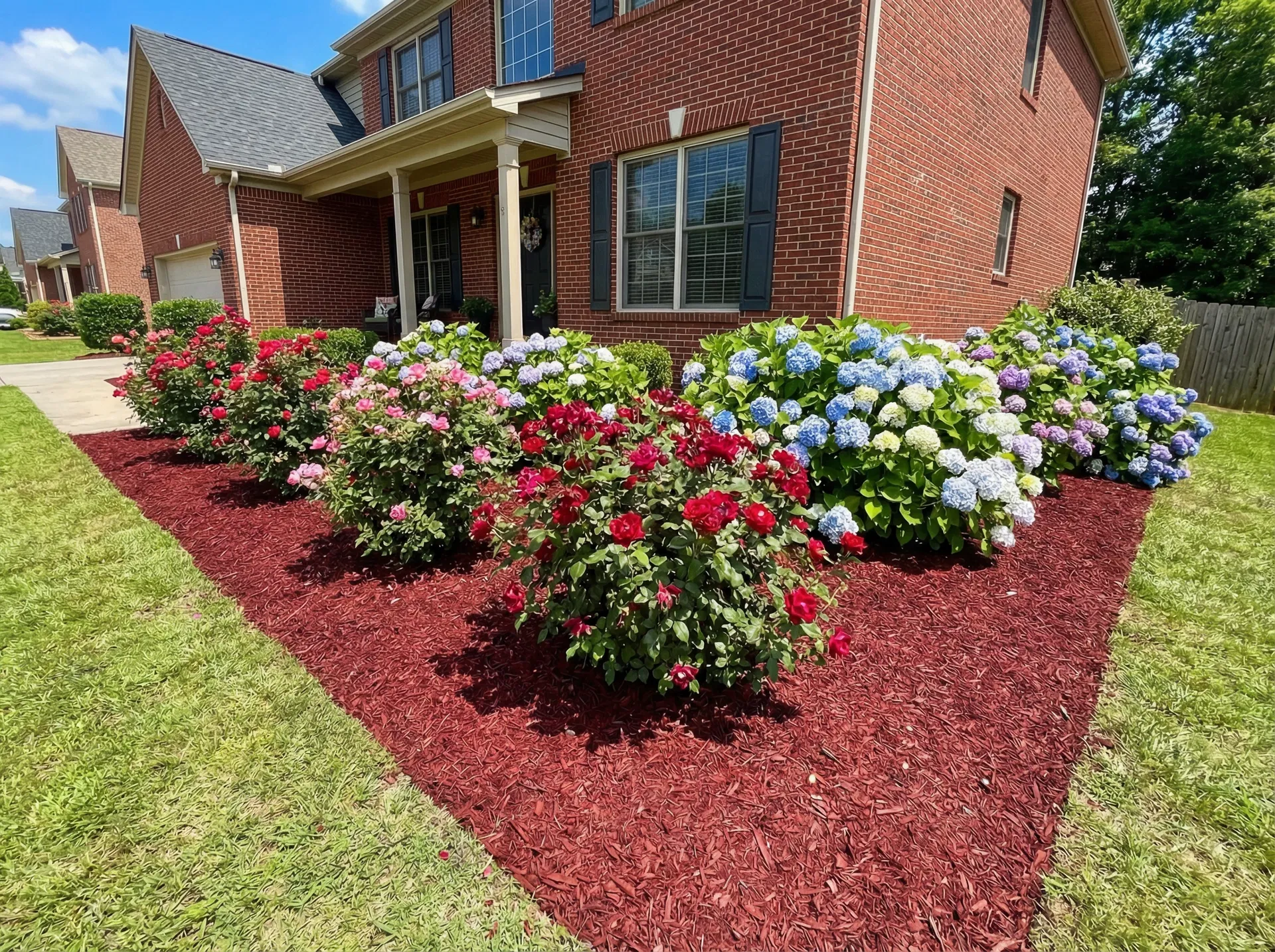Red dyed mulch in a front yard landscape