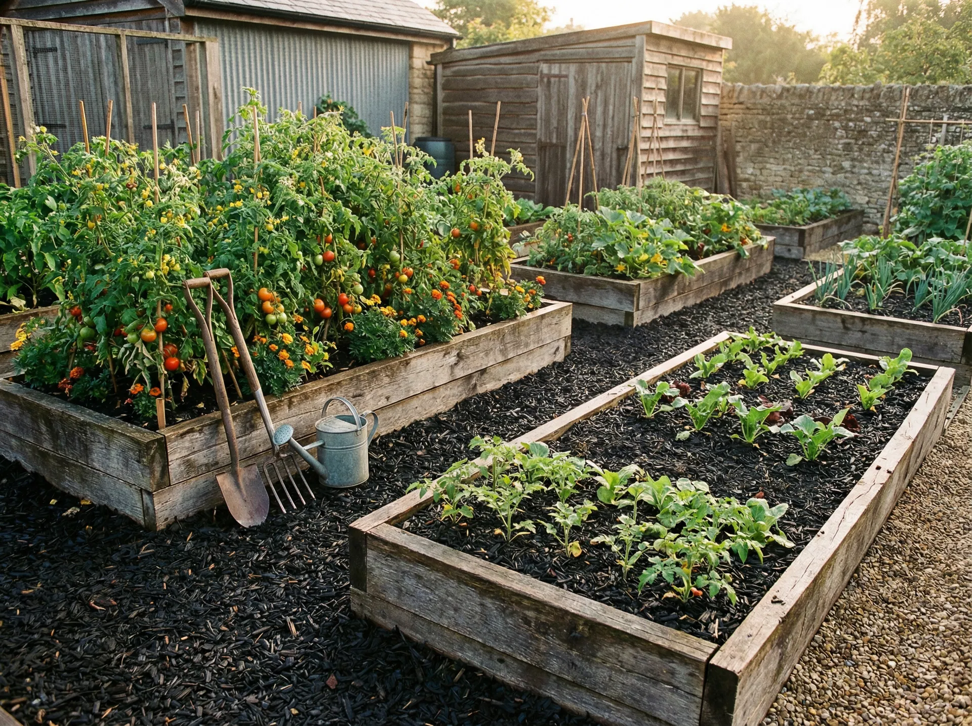 Black mulch in raised garden beds
