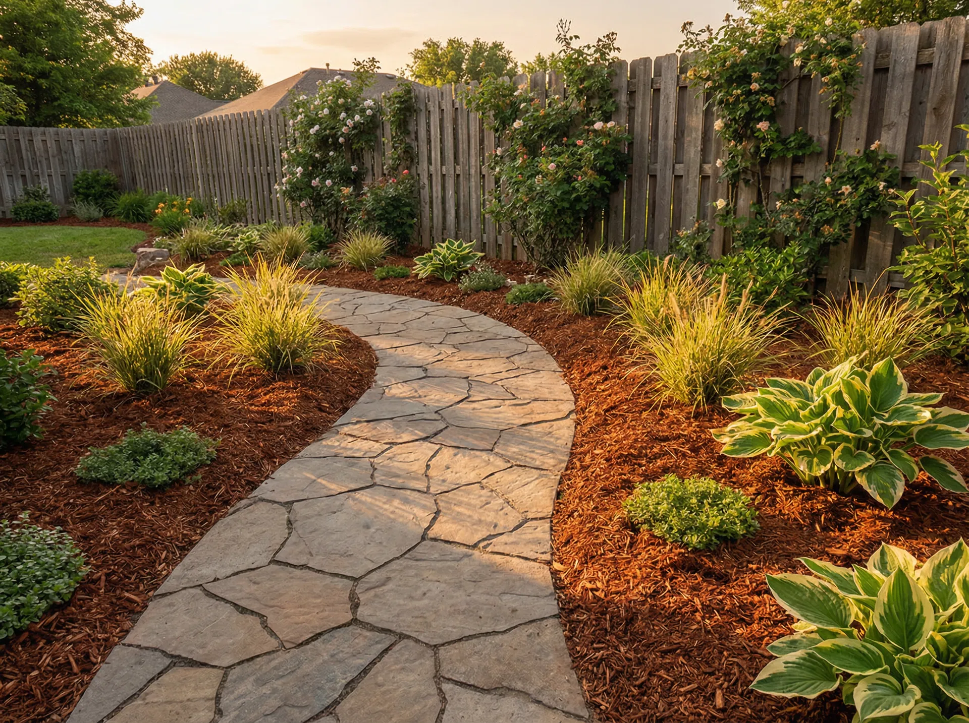 Cedar mulch walkway through a garden