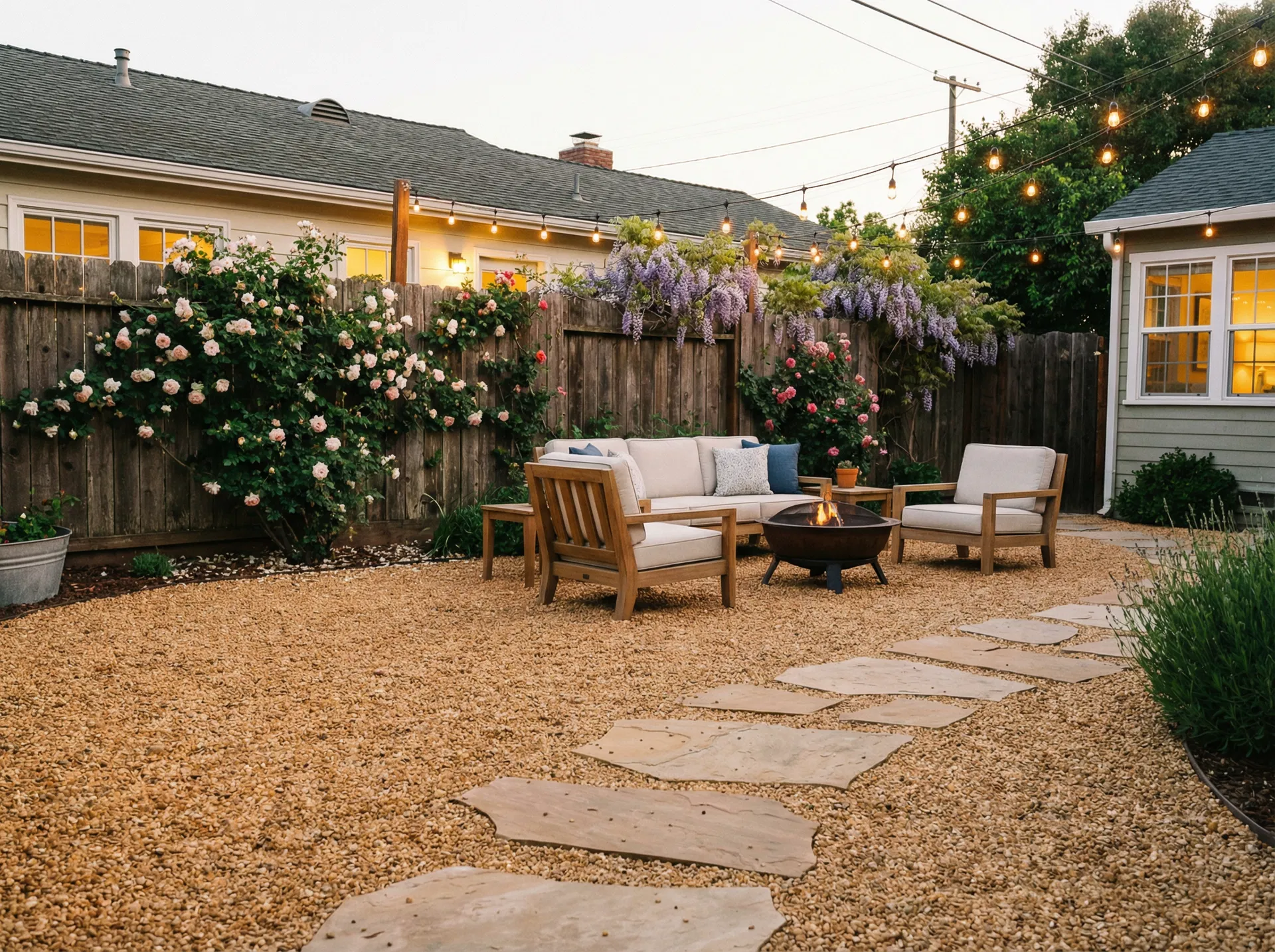 Pea gravel patio and garden path