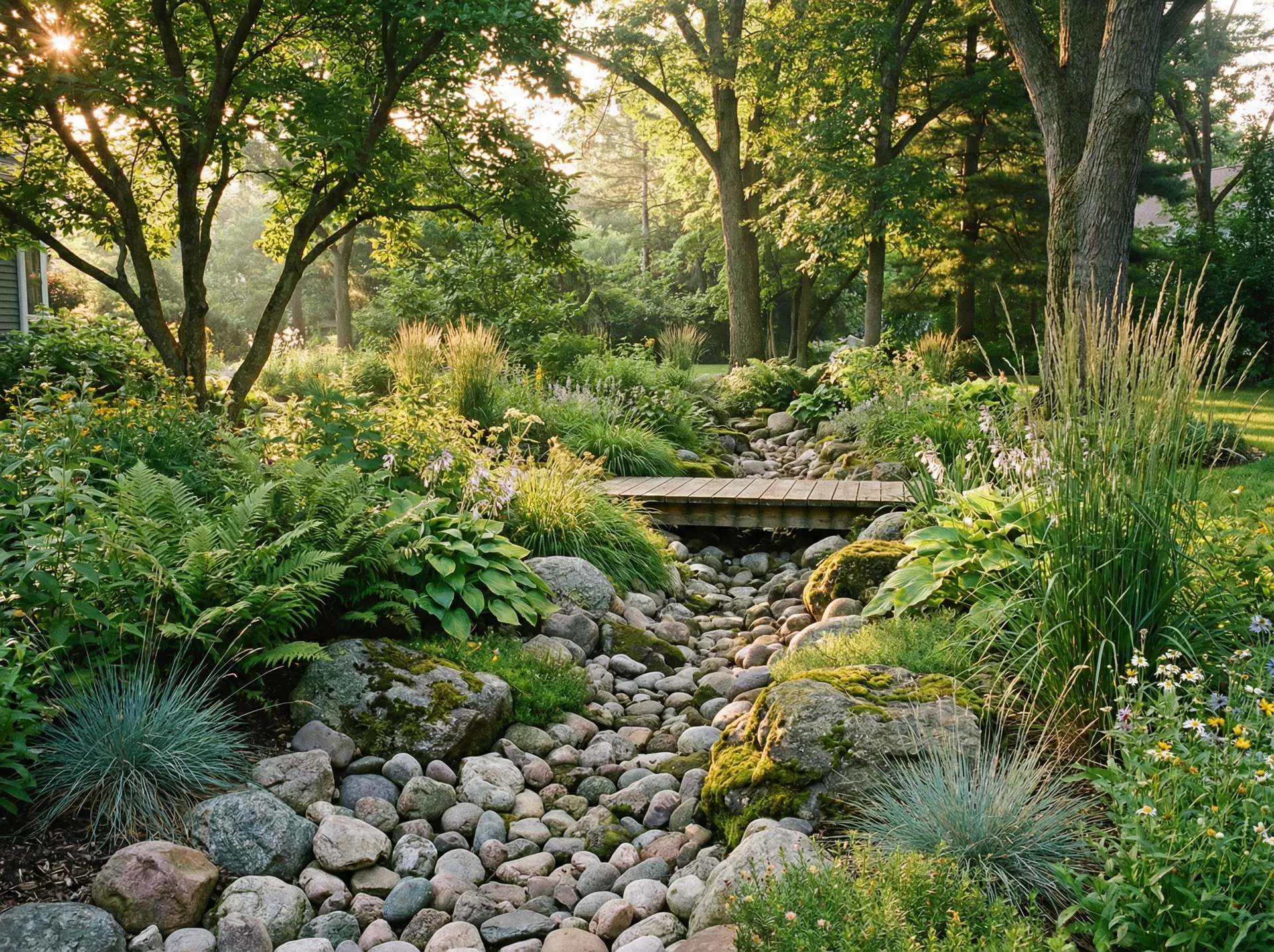 Decorative dry creek bed with river rocks and boulders