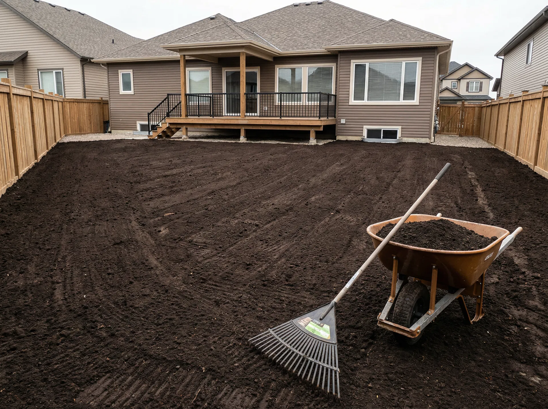 Freshly graded backyard with rich dark topsoil