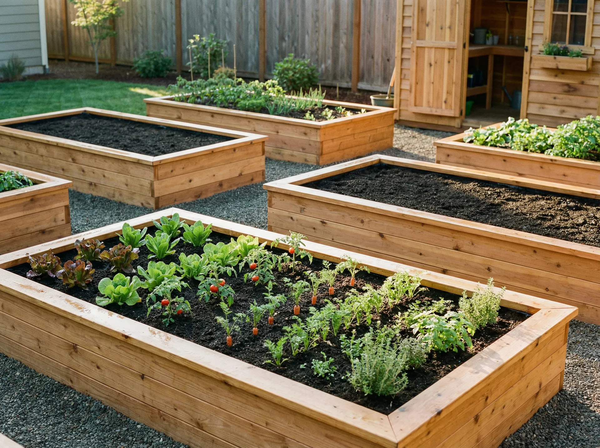 Raised garden beds filled with topsoil and planted