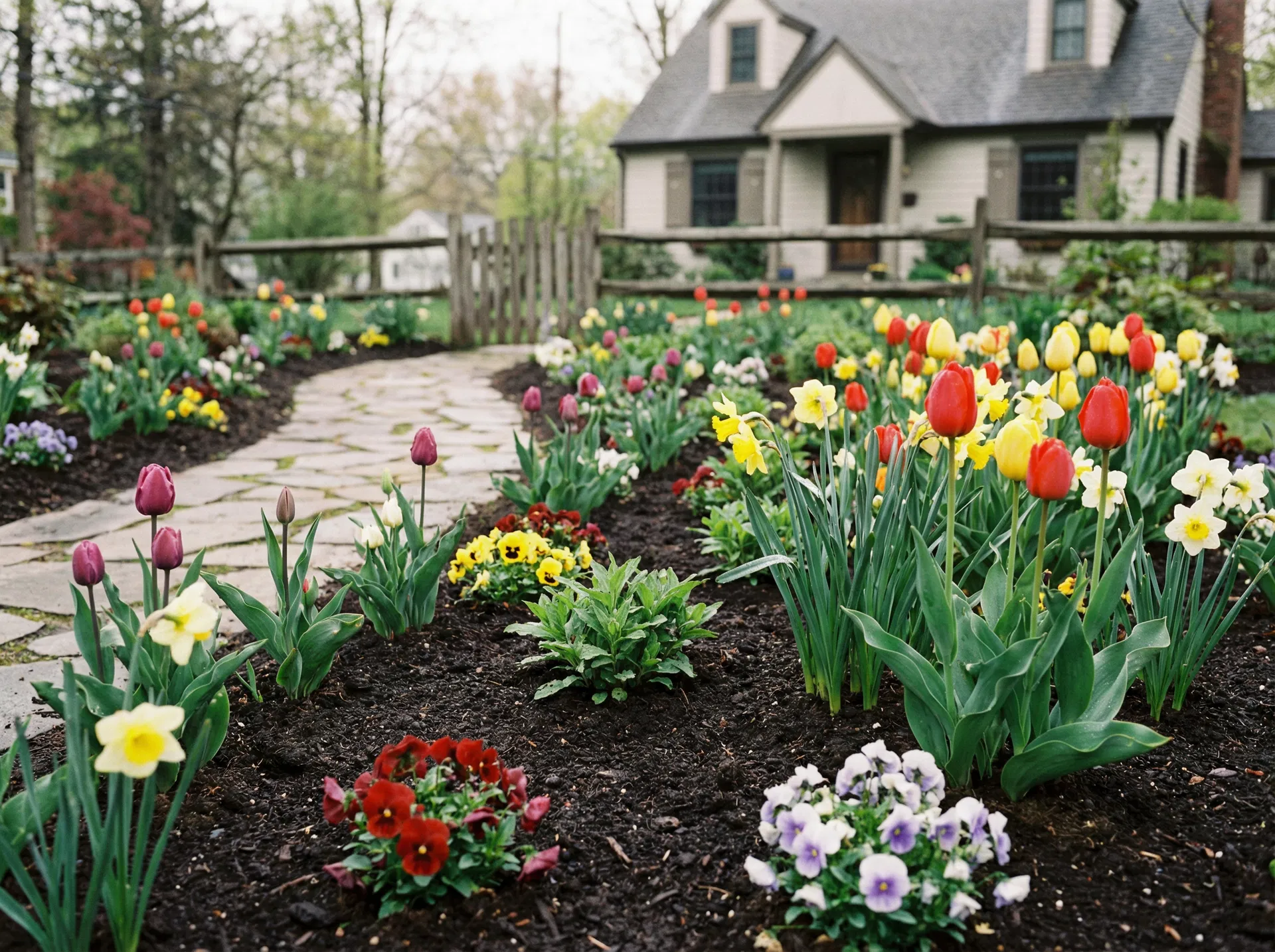 Spring flower garden with rich dark topsoil