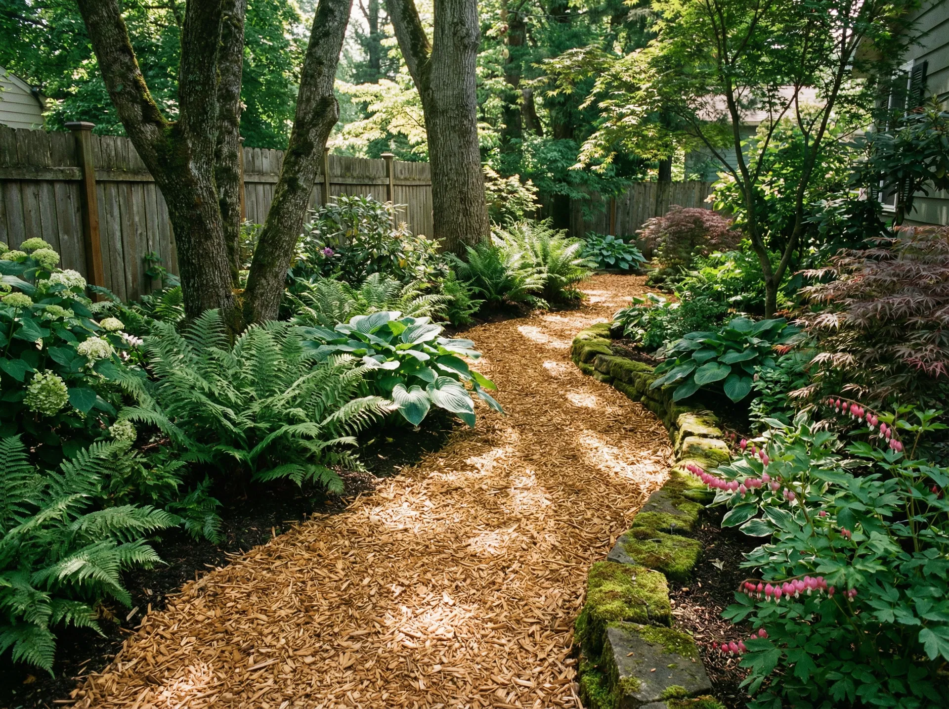 Wood chip pathway through a shaded garden