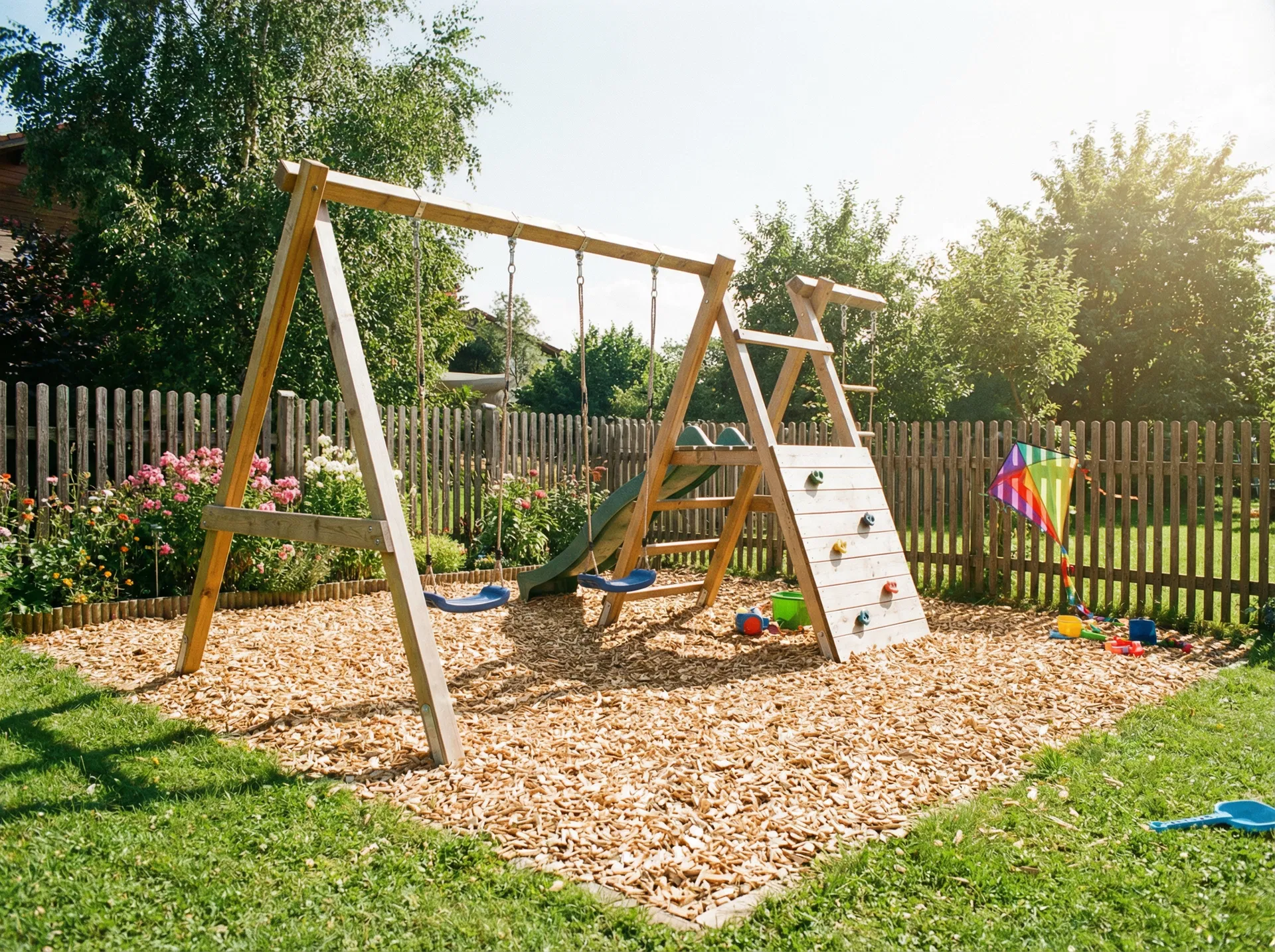 Wood chips under a backyard play area