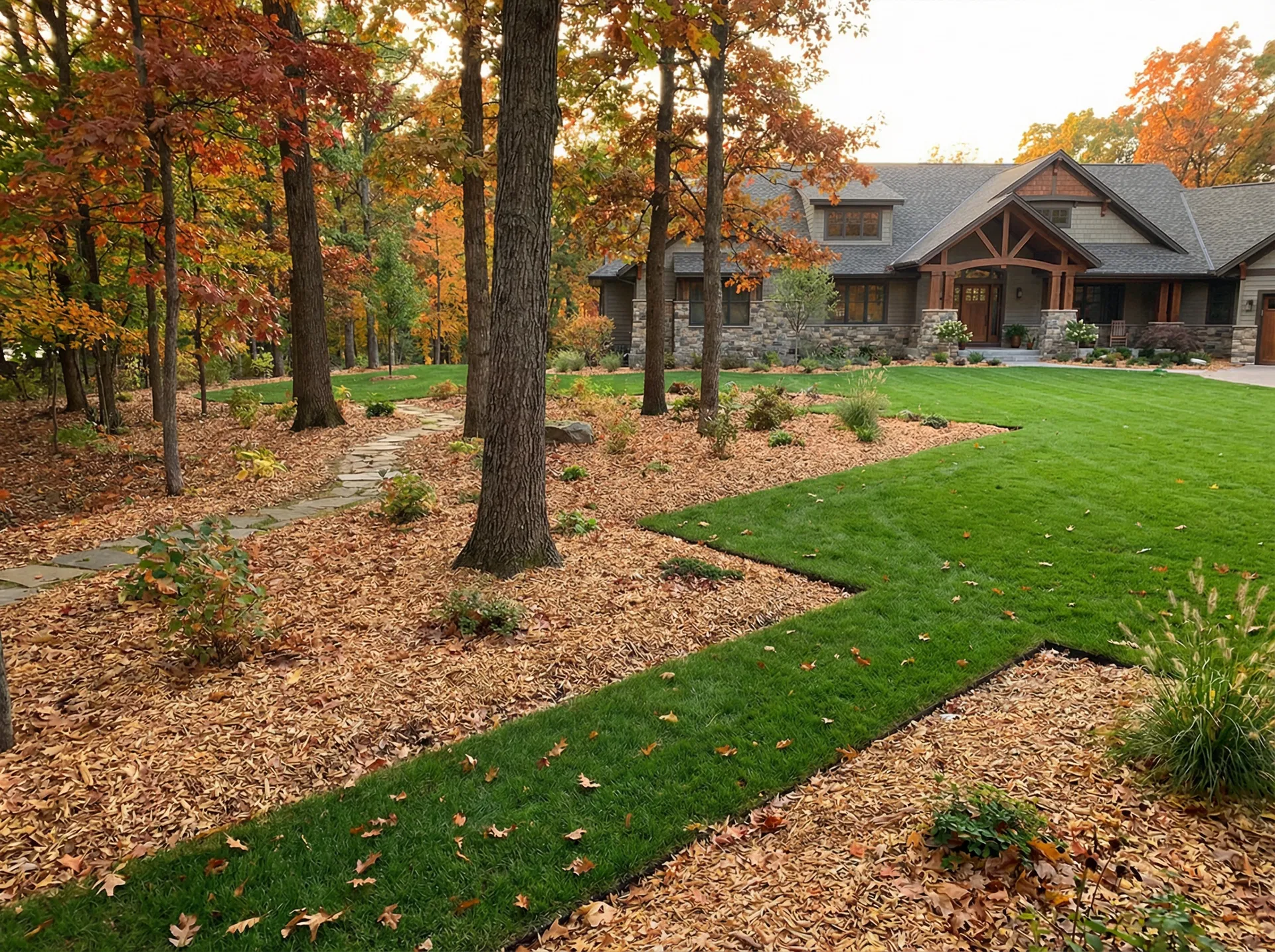 Wood chips as ground cover around mature trees