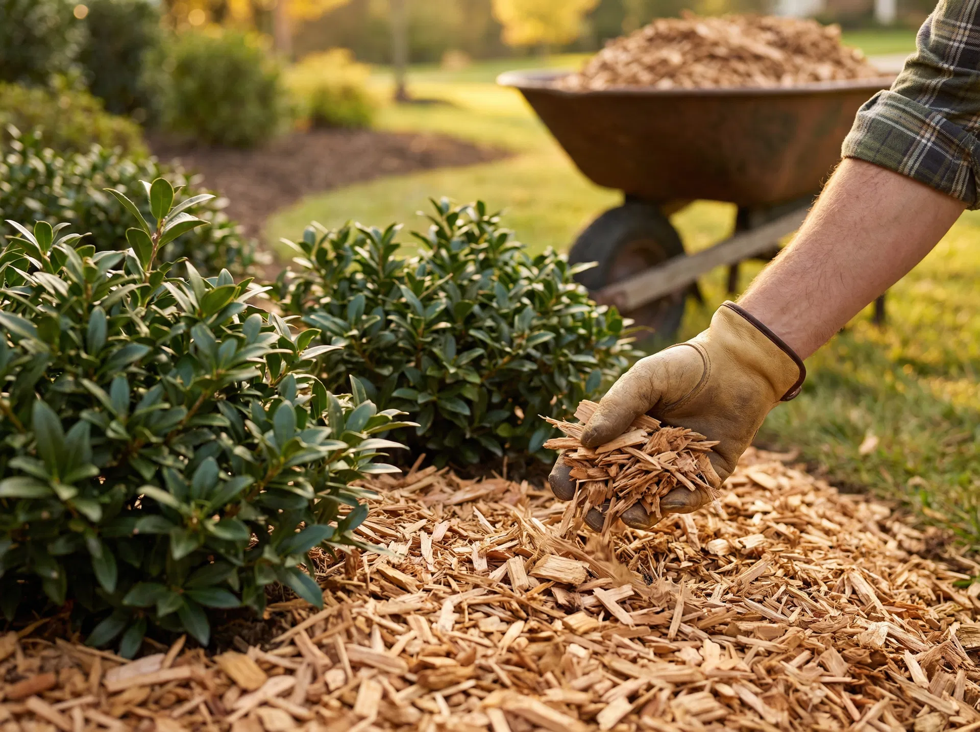Spreading fresh wood chips around ornamental shrubs