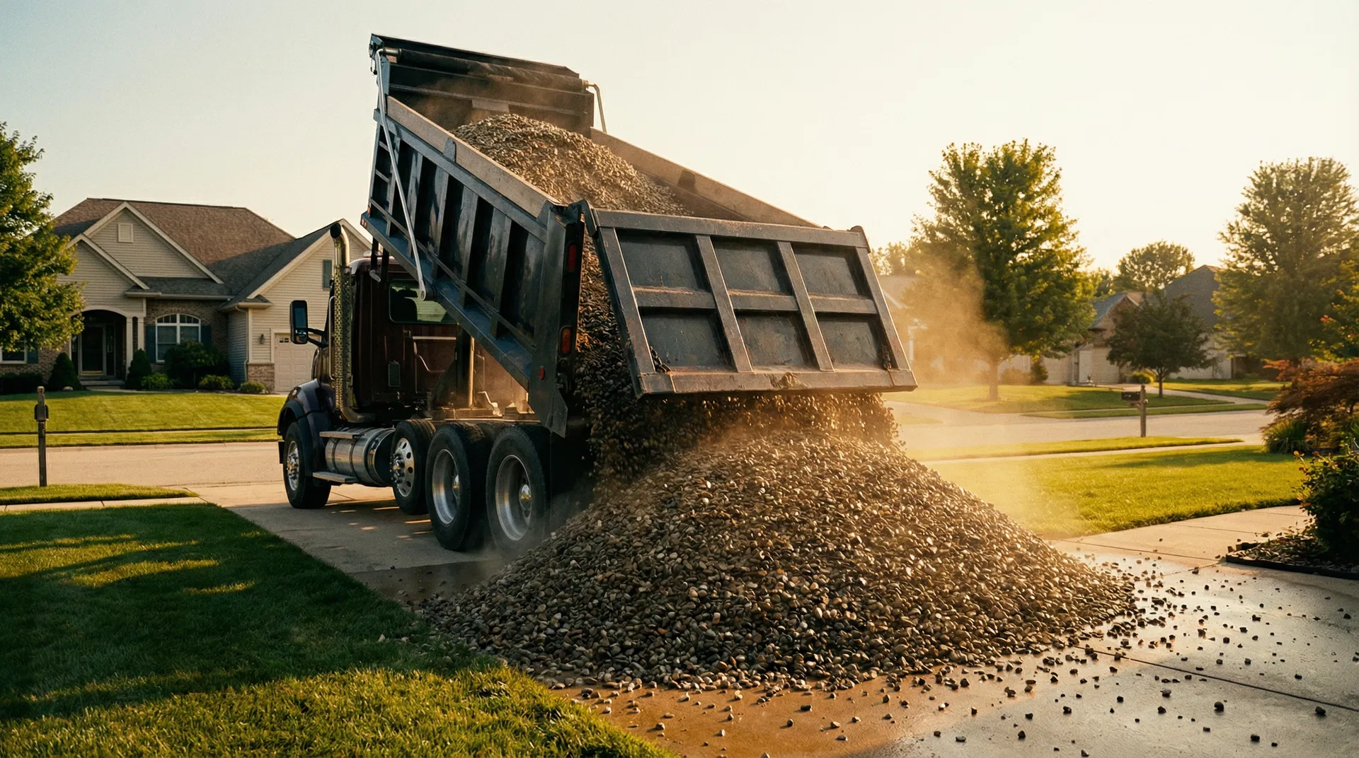 Dump truck delivering stone to a residential property