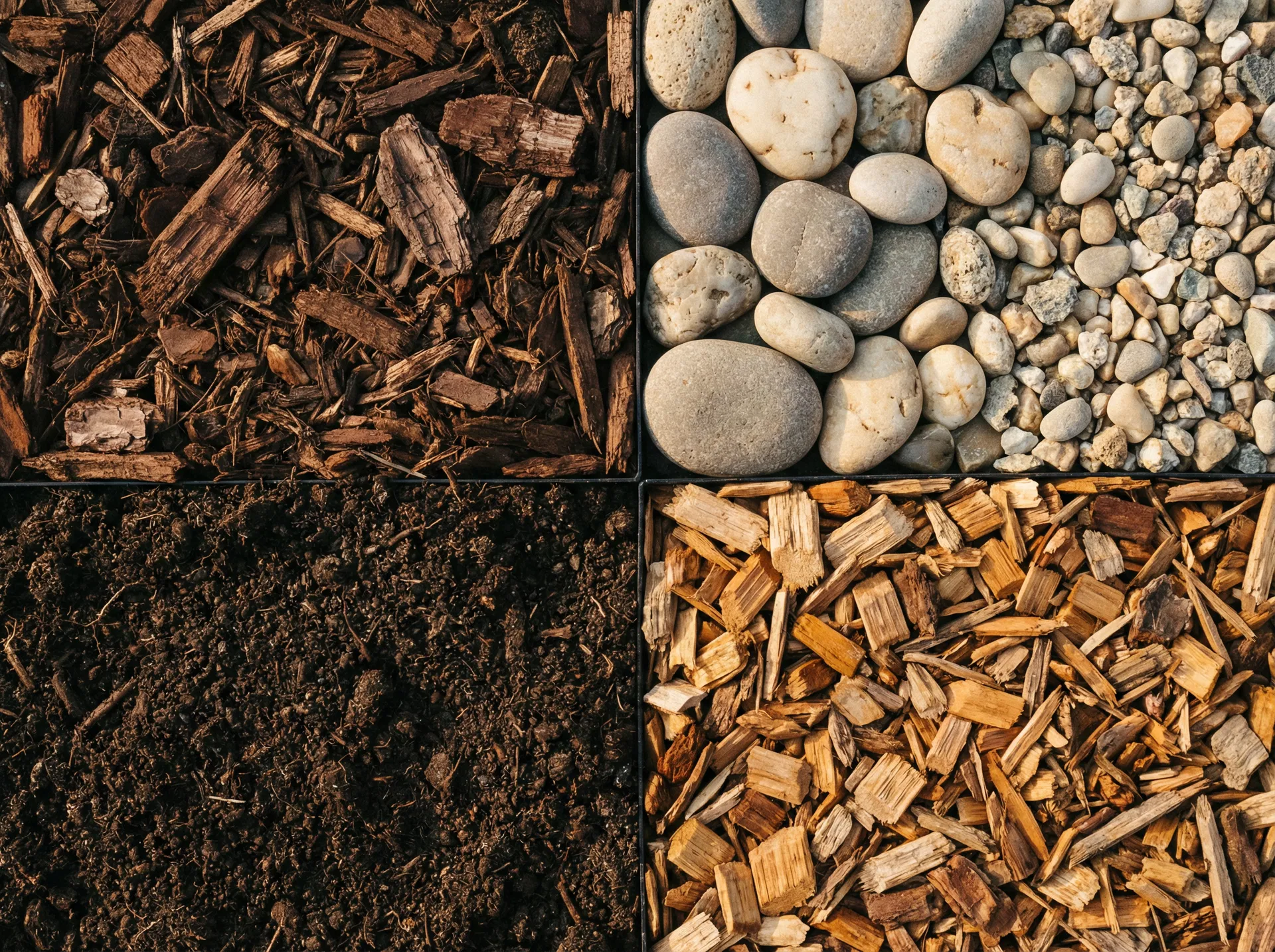 Four landscaping materials: mulch, stone, topsoil, and wood chips