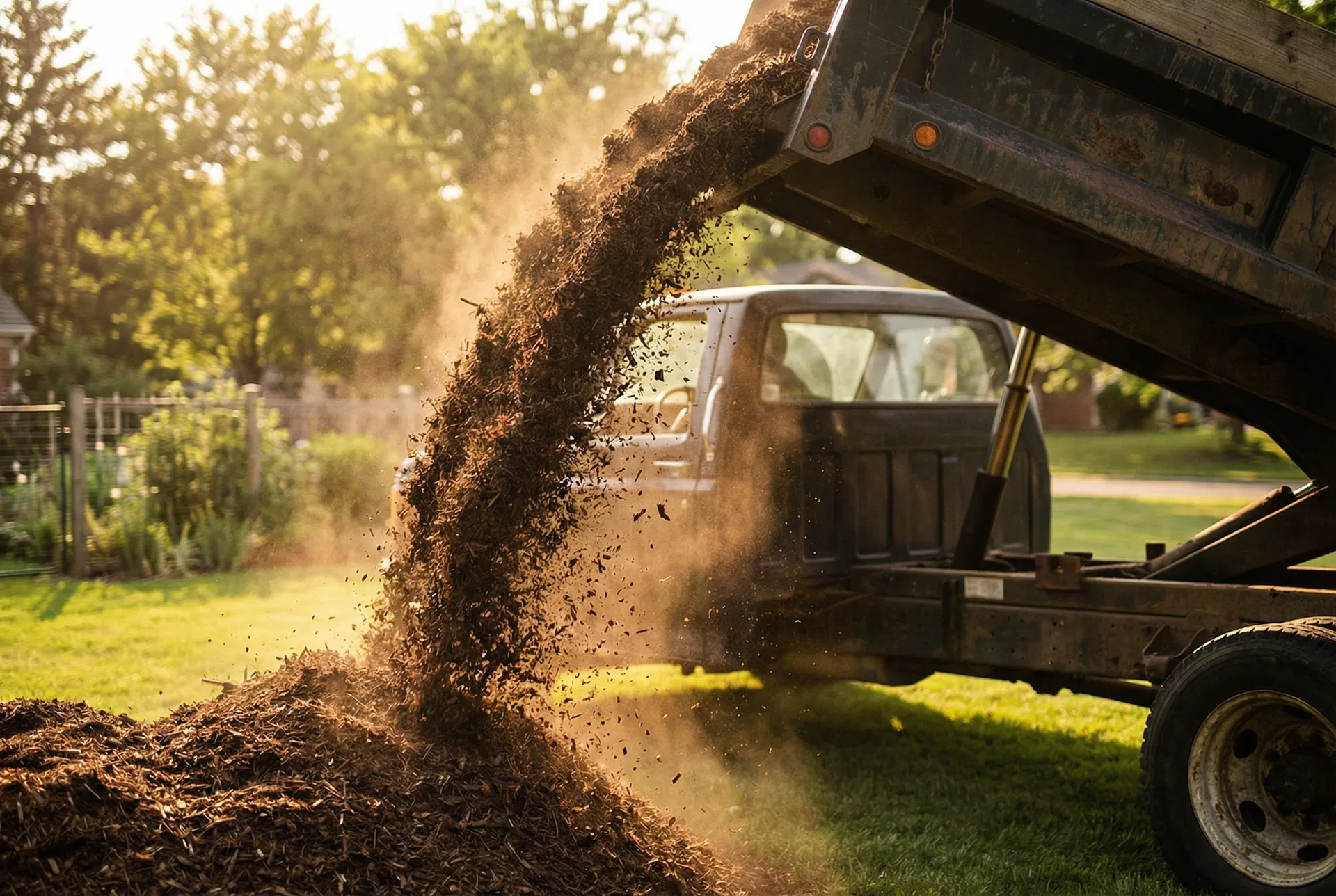 Dump truck delivering mulch to a residential backyard