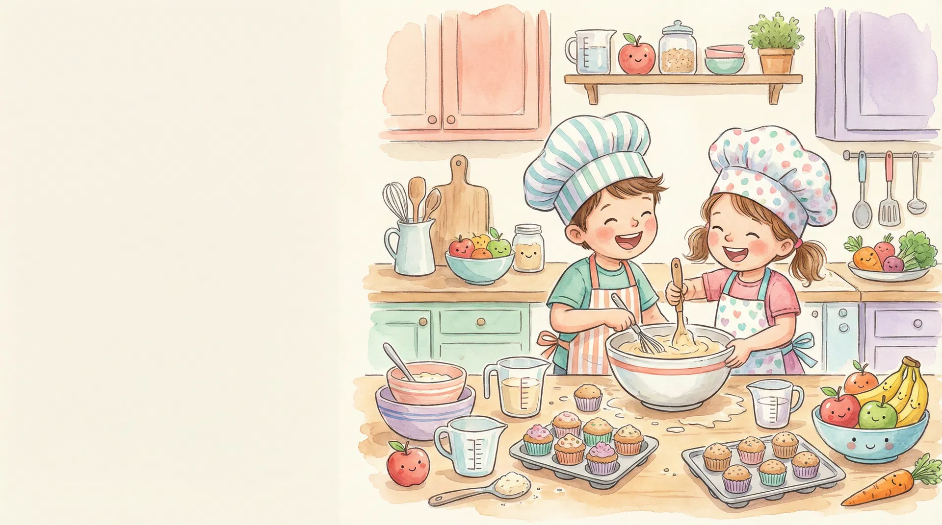 Two happy children cooking in a kitchen