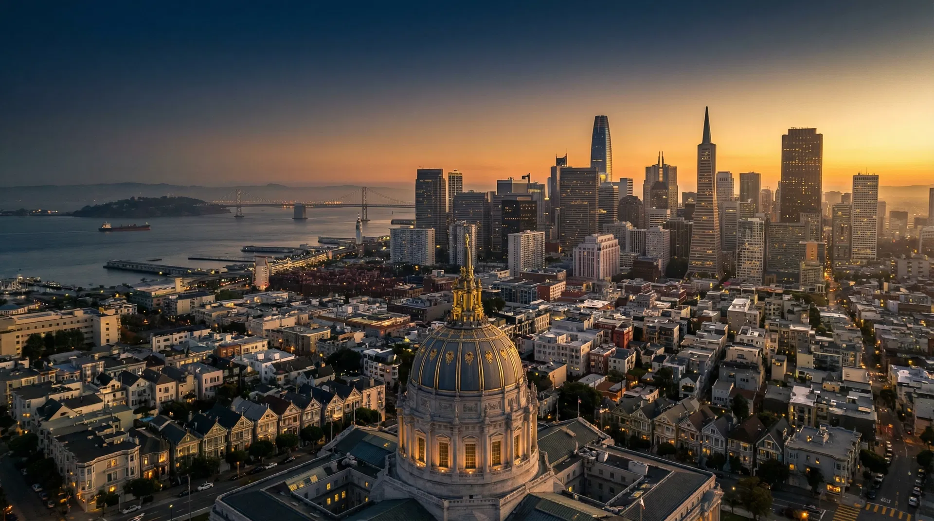 San Francisco skyline with City Hall at sunset