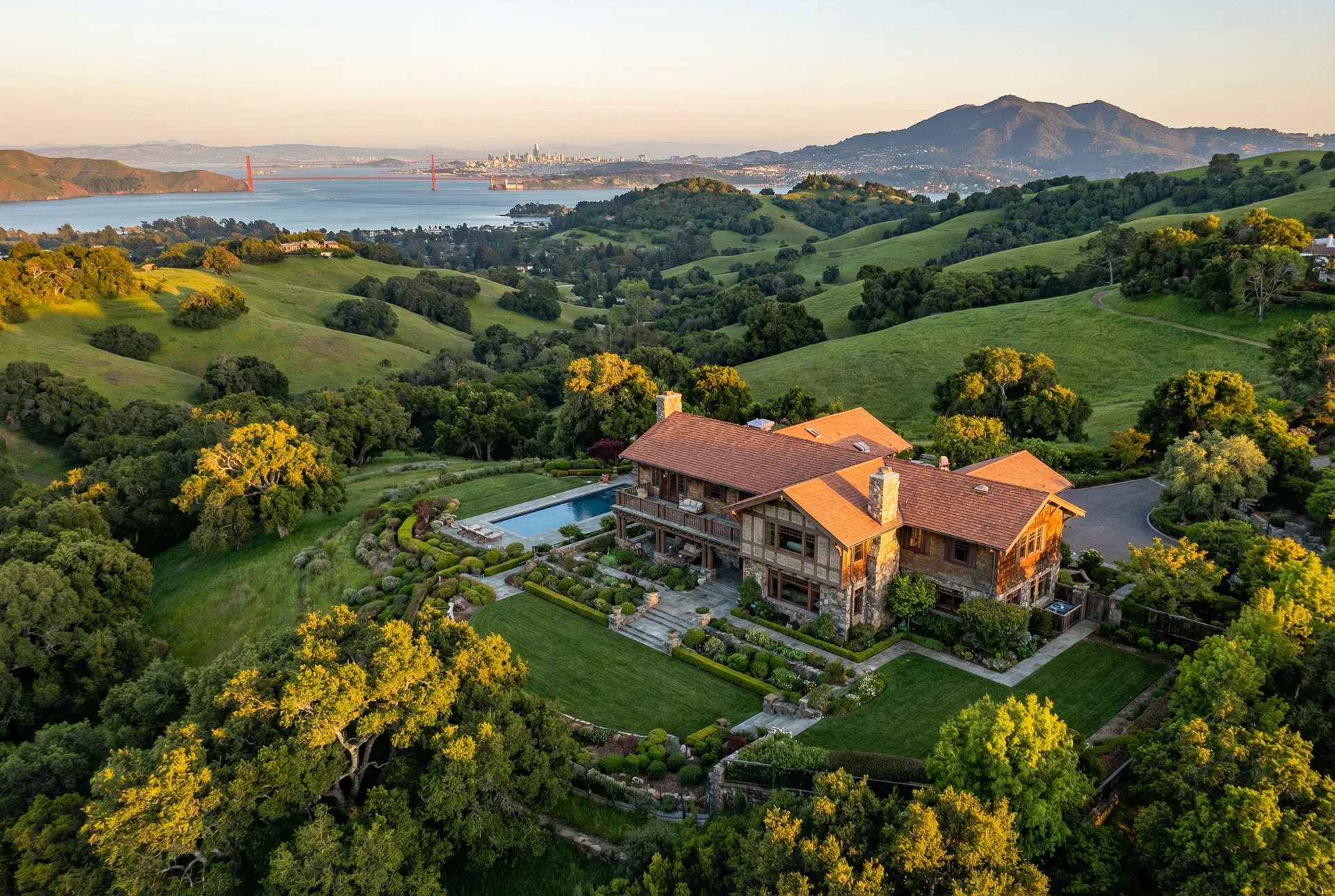 Marin County estate with Golden Gate Bridge view