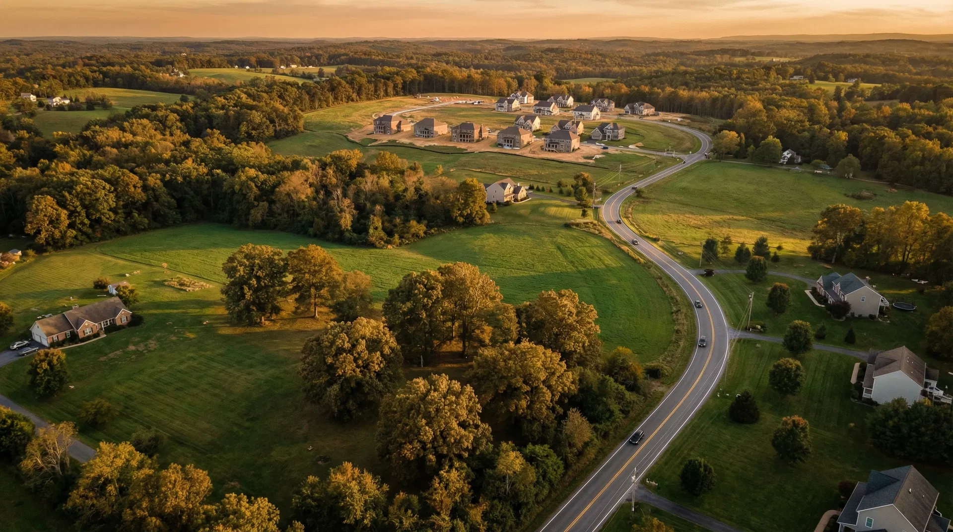 Aerial view of rolling Maryland countryside at golden hour