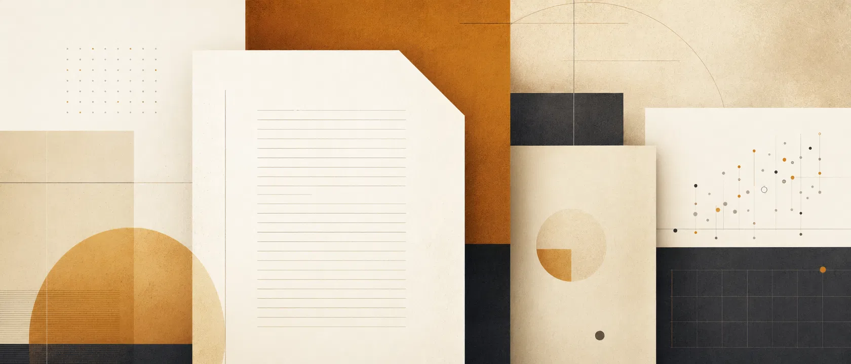 Abstract editorial illustration of research documents